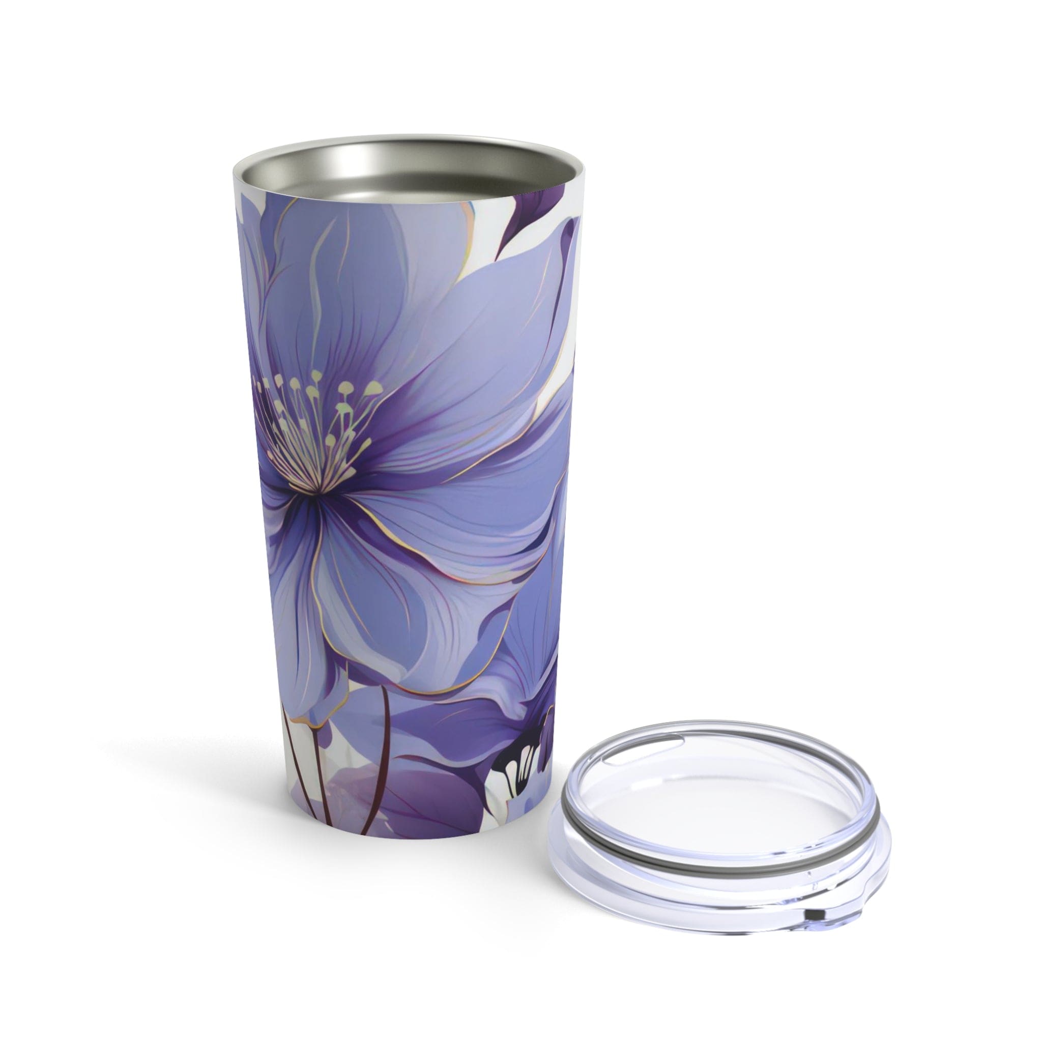 20oz insulated tumbler featuring a purple and violet floral design, perfect for travel and everyday use.