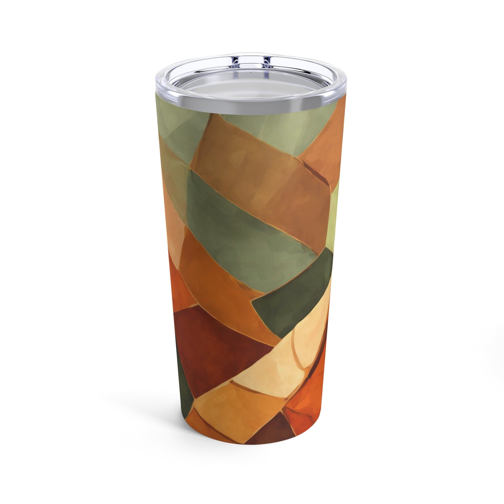 Insulated Tumbler 20oz in Rustic Red Abstract Pattern, featuring a stainless steel body and a see-thru plastic lid.