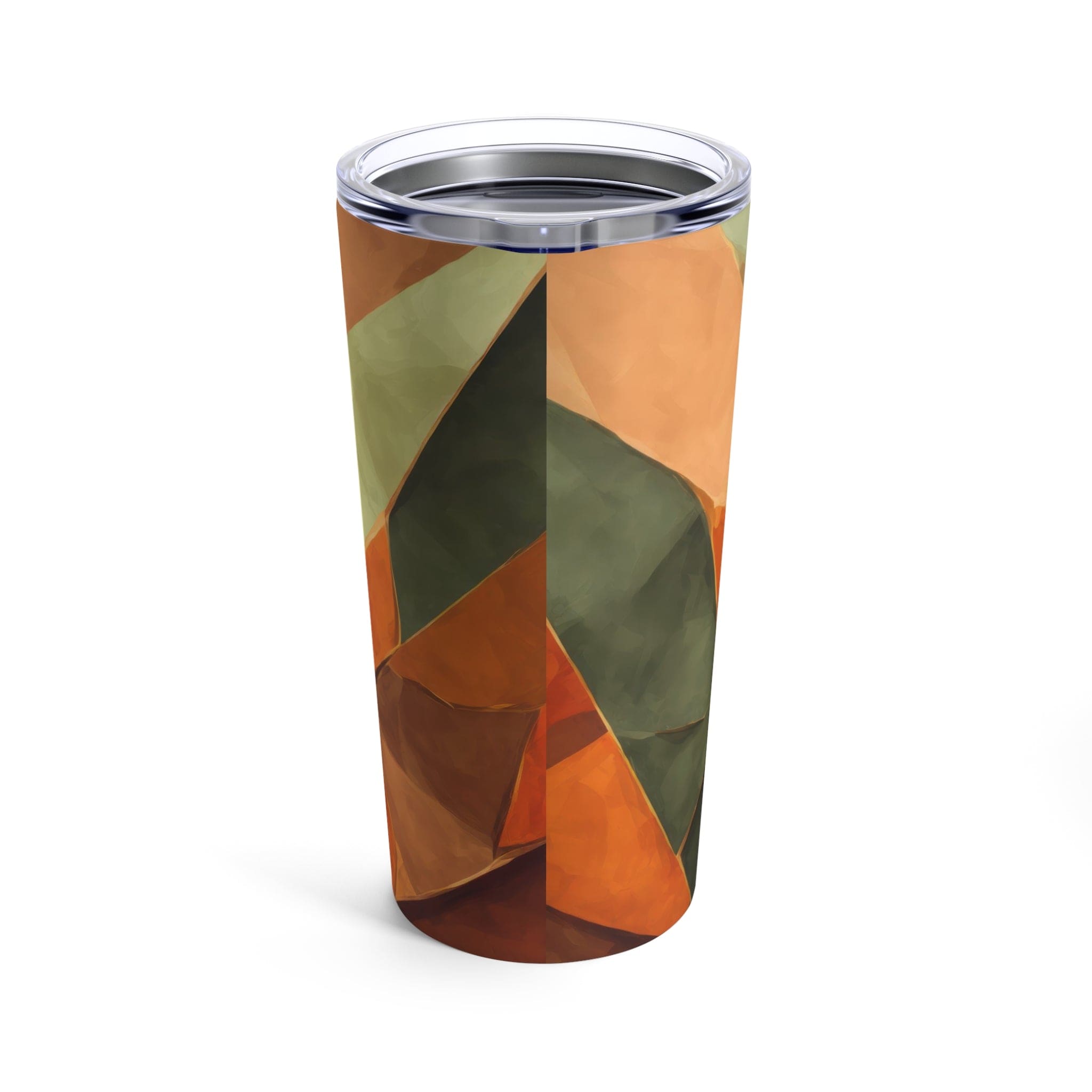 Insulated Tumbler 20oz in Rustic Red Abstract Pattern, featuring a stainless steel body and a see-thru plastic lid.