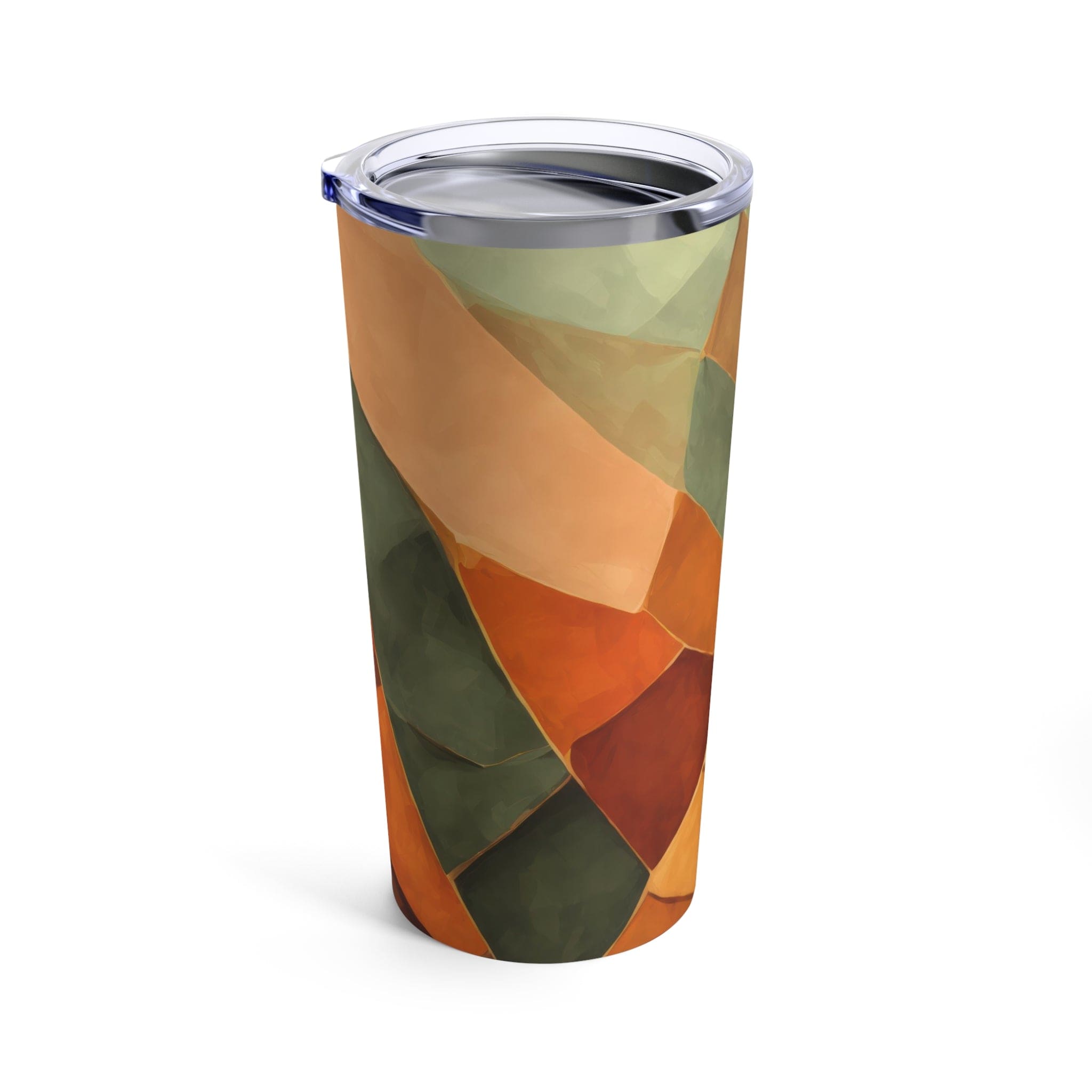 Insulated Tumbler 20oz in Rustic Red Abstract Pattern, featuring a stainless steel body and a see-thru plastic lid.