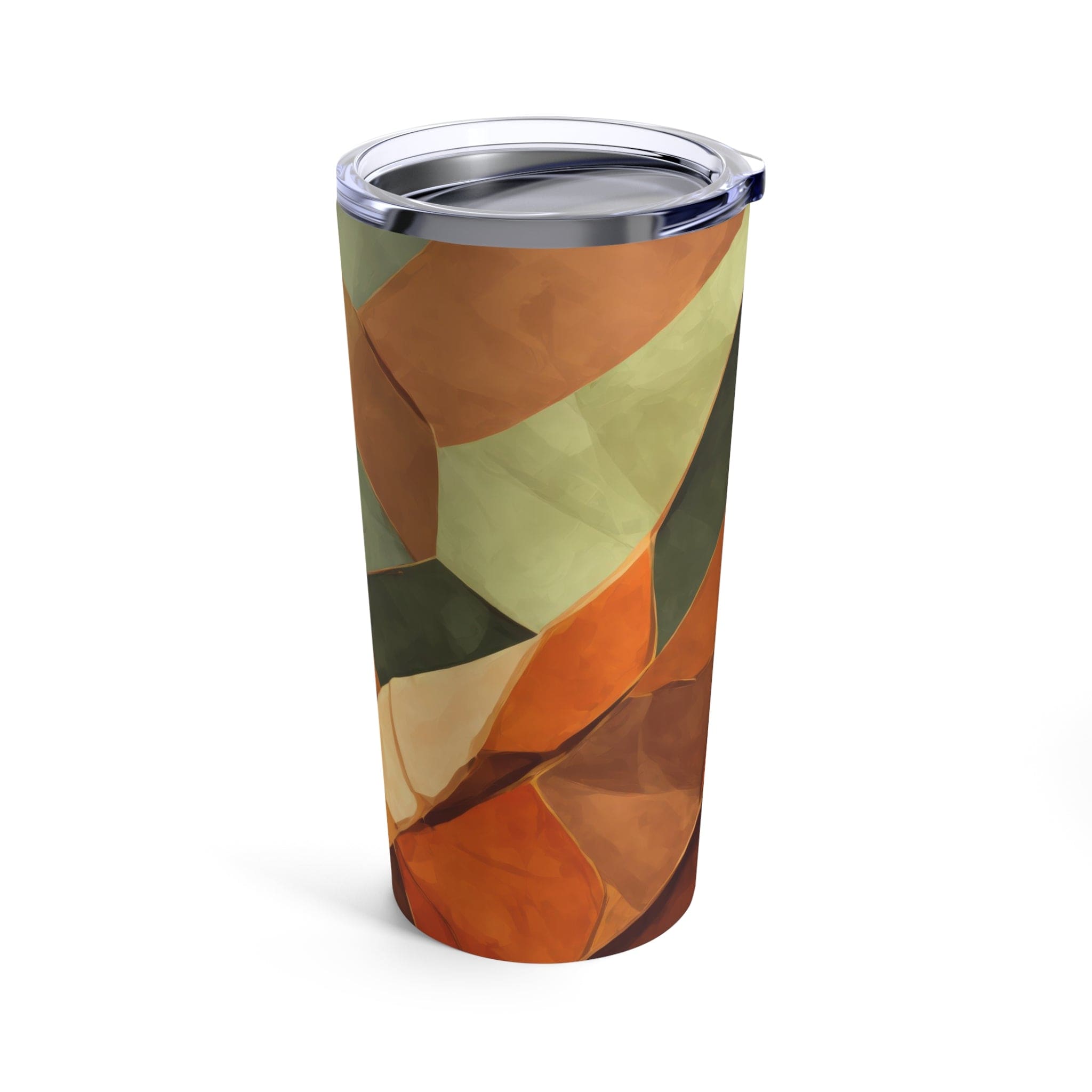 Insulated Tumbler 20oz in Rustic Red Abstract Pattern, featuring a stainless steel body and a see-thru plastic lid.