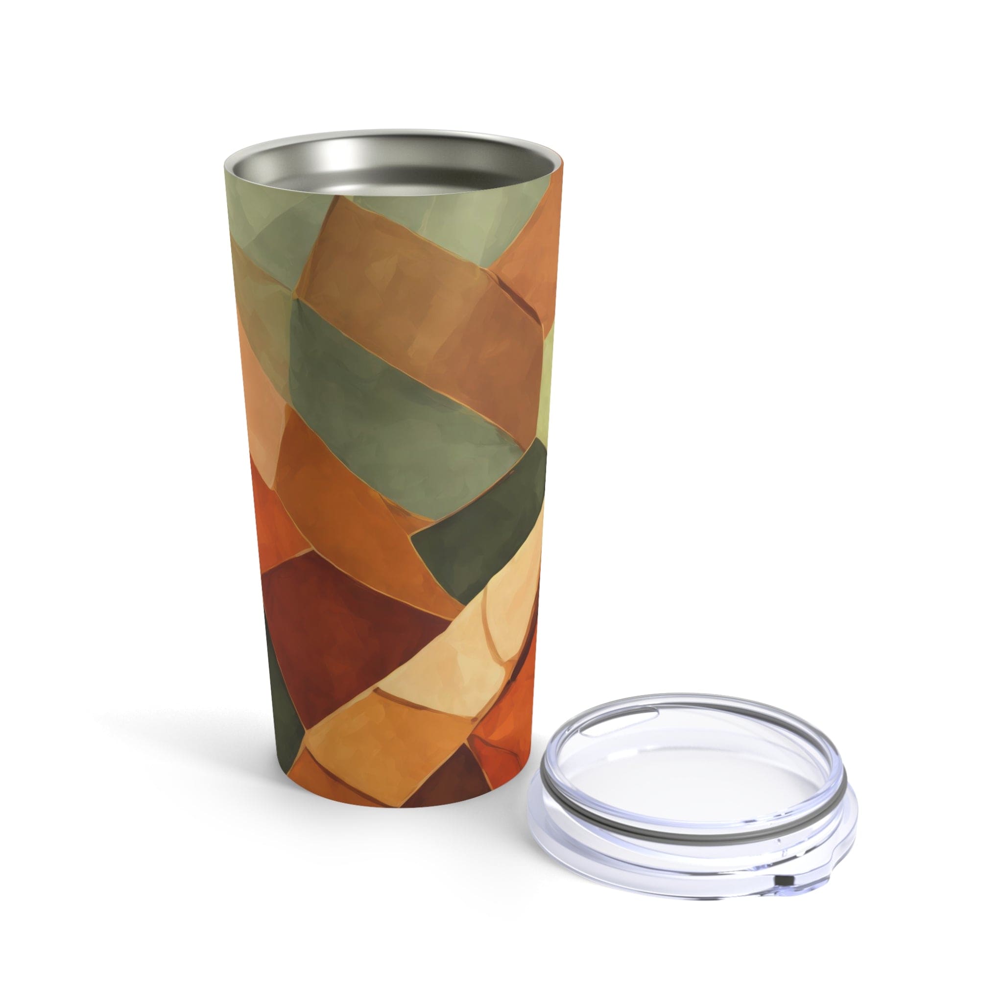 Insulated Tumbler 20oz in Rustic Red Abstract Pattern, featuring a stainless steel body and a see-thru plastic lid.