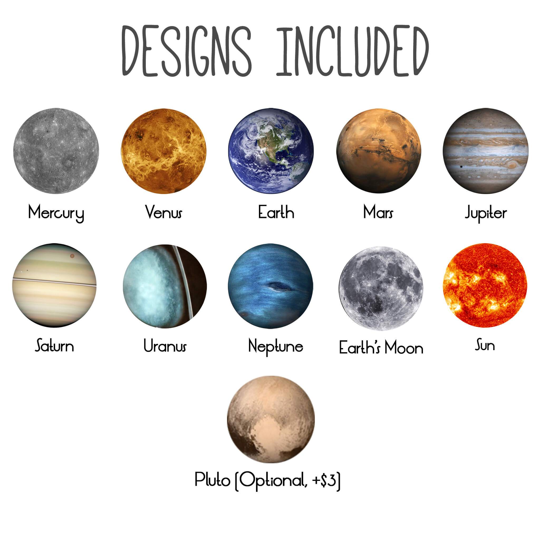 Interchangeable Solar System Lapel Pin featuring 10 images of planets, the Sun, and the Moon in silver and bronze tones.