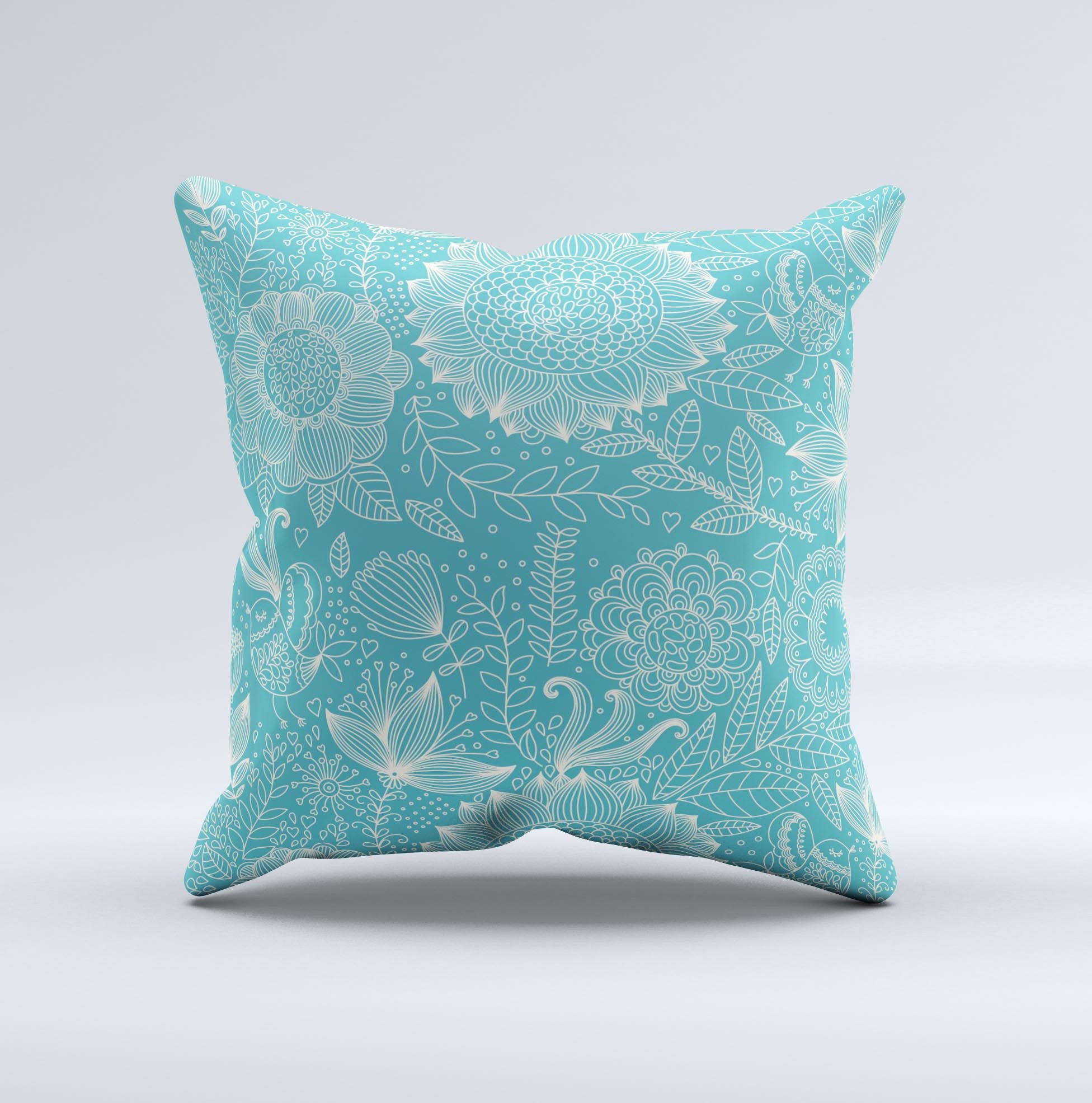 Intricate teal floral pattern decorative throw pillow, handcrafted in Virginia with high thread count fabric and polyester fiberfill.