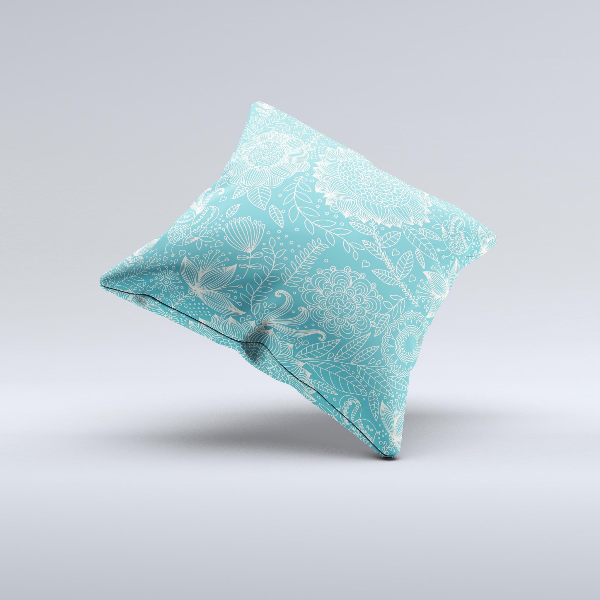 Intricate teal floral pattern decorative throw pillow, handcrafted in Virginia with high thread count fabric and polyester fiberfill.