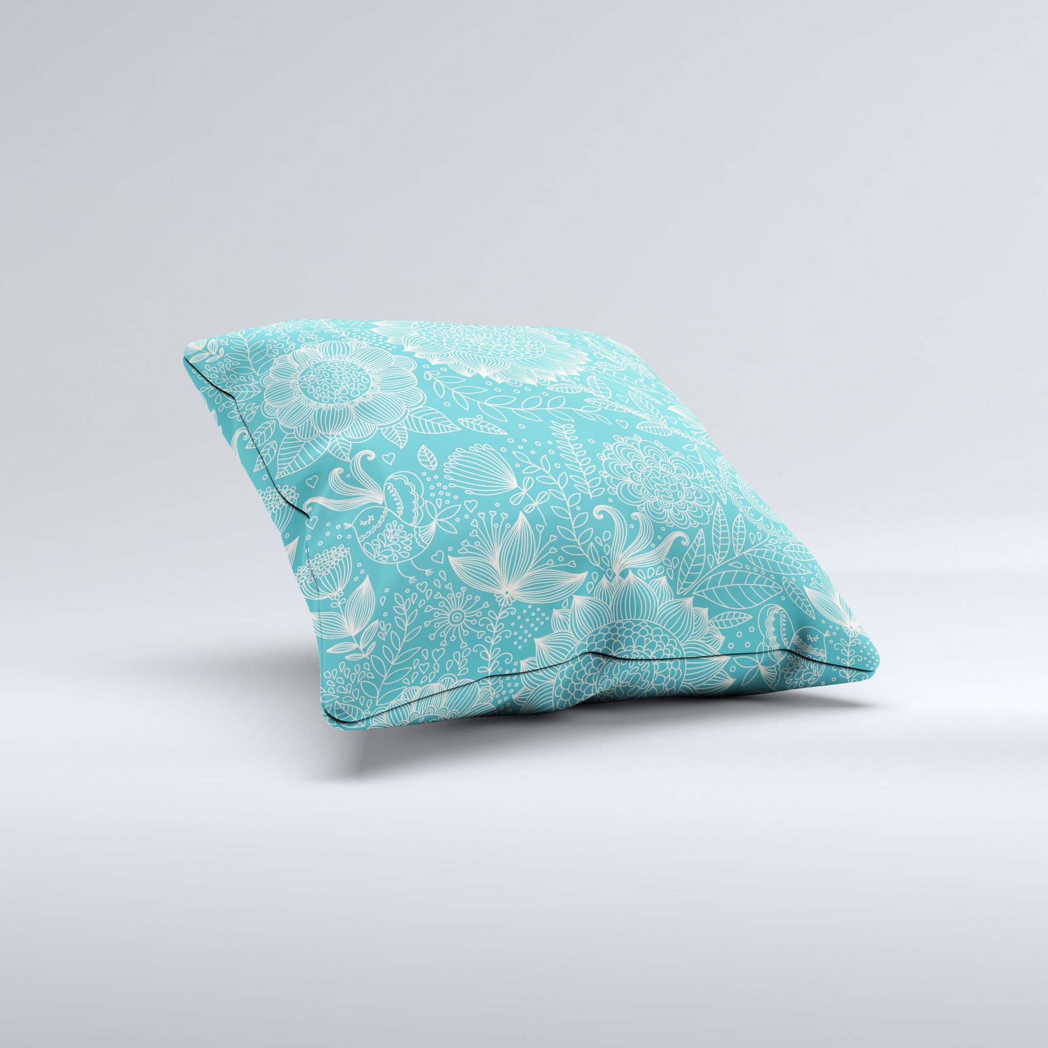 Intricate teal floral pattern decorative throw pillow, handcrafted in Virginia with high thread count fabric and polyester fiberfill.