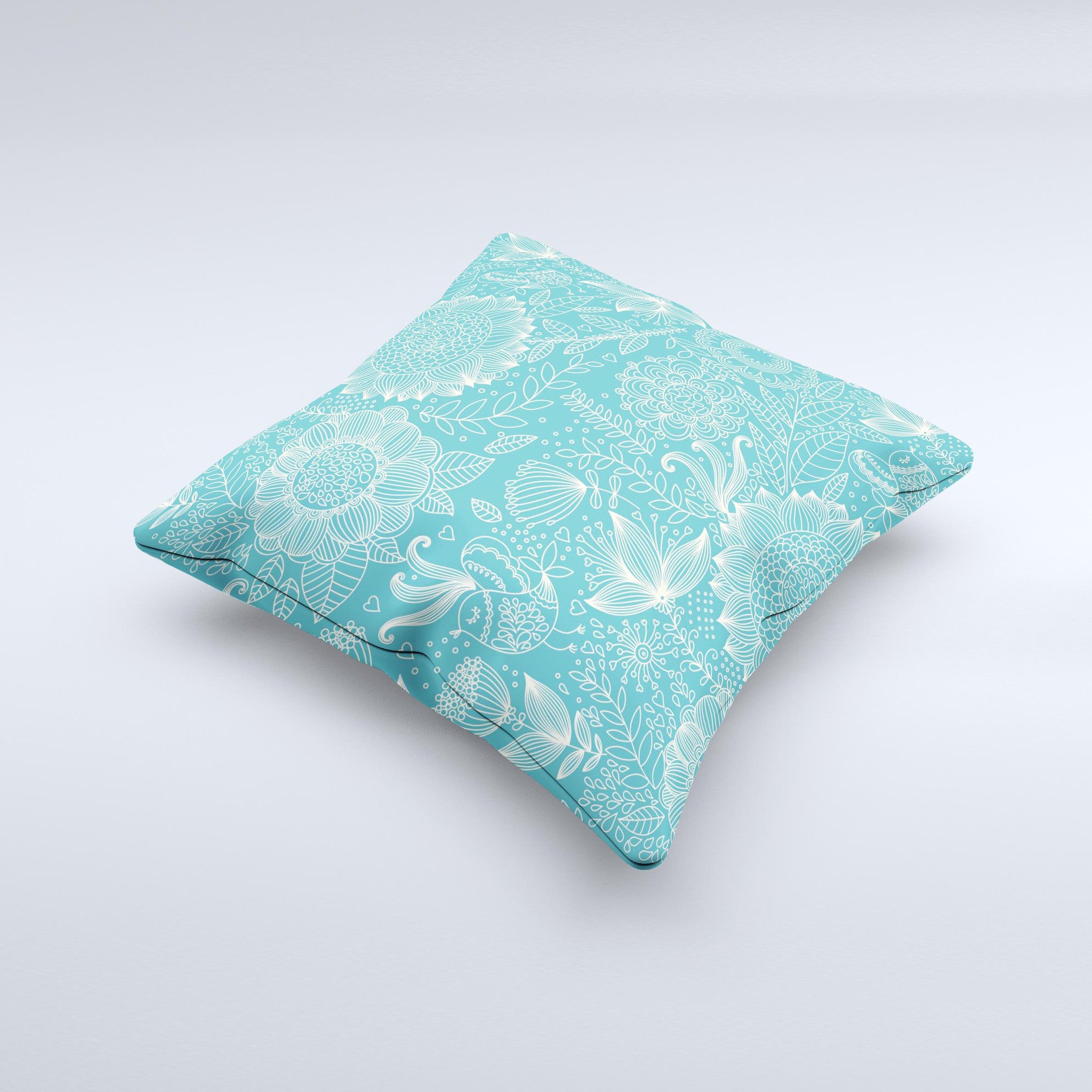 Intricate teal floral pattern decorative throw pillow, handcrafted in Virginia with high thread count fabric and polyester fiberfill.