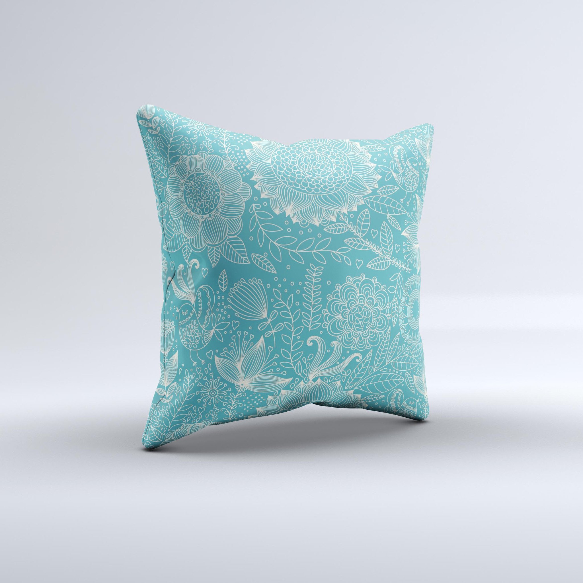 Intricate teal floral pattern decorative throw pillow, handcrafted in Virginia with high thread count fabric and polyester fiberfill.