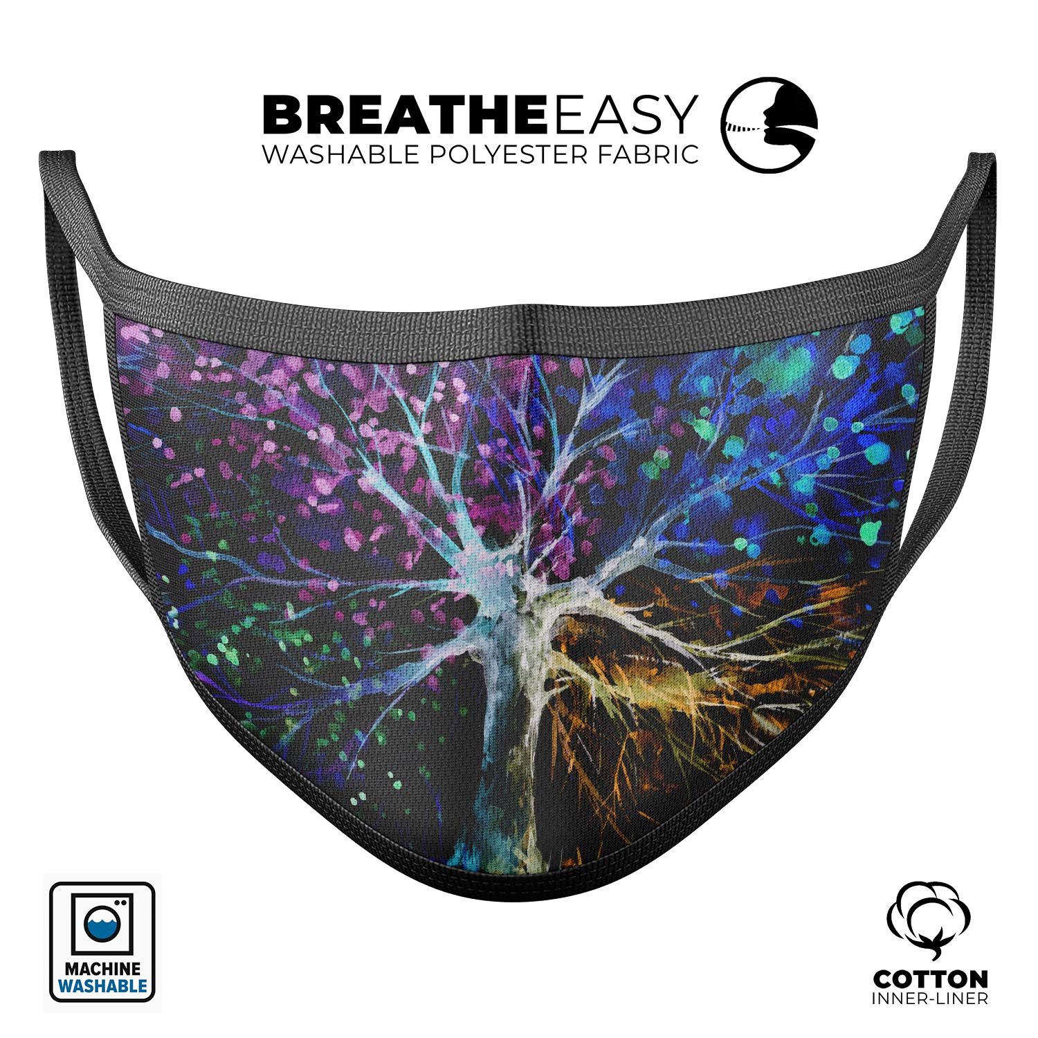 Inverted Abstract Colorful WaterColor Vivid Tree face mask featuring vibrant colors and a 3D design, made in the USA.