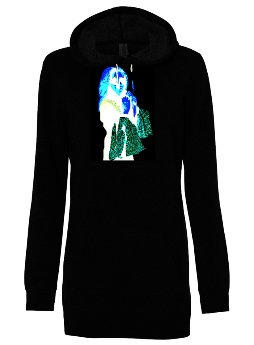 Inverted Colors Renaissance Hoodie Dress in black featuring long sleeves and a graphic message, perfect for stylish comfort.