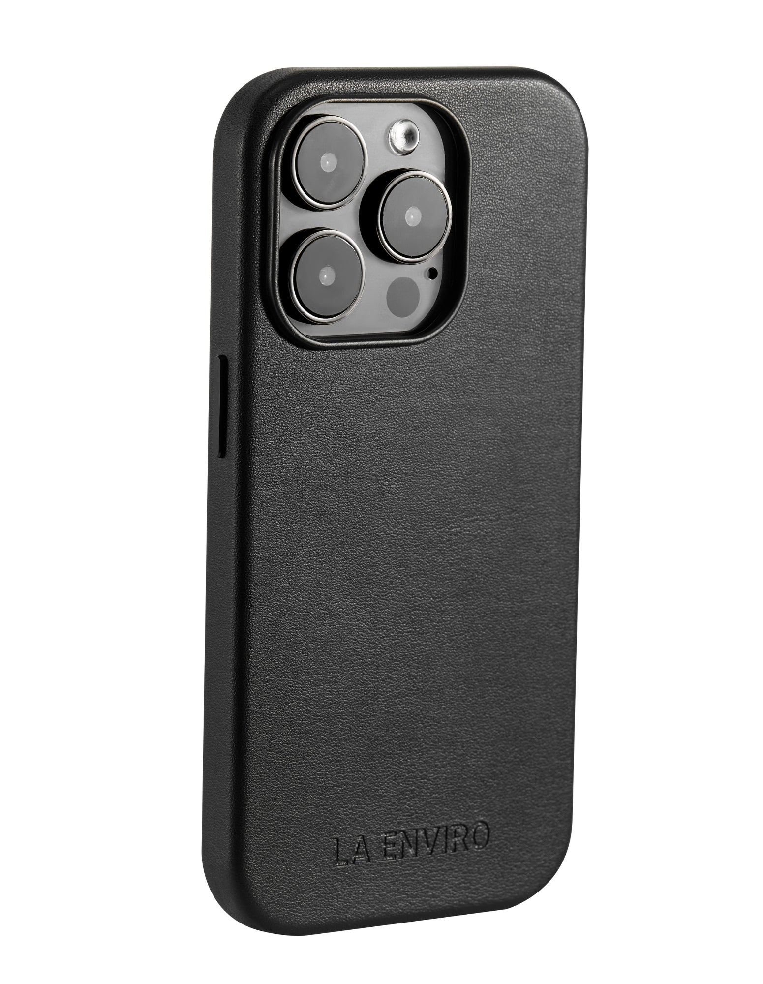 Black iPhone 14 Pro Case with MagSafe, made from premium vegan leather, showcasing its sleek design and snug fit.