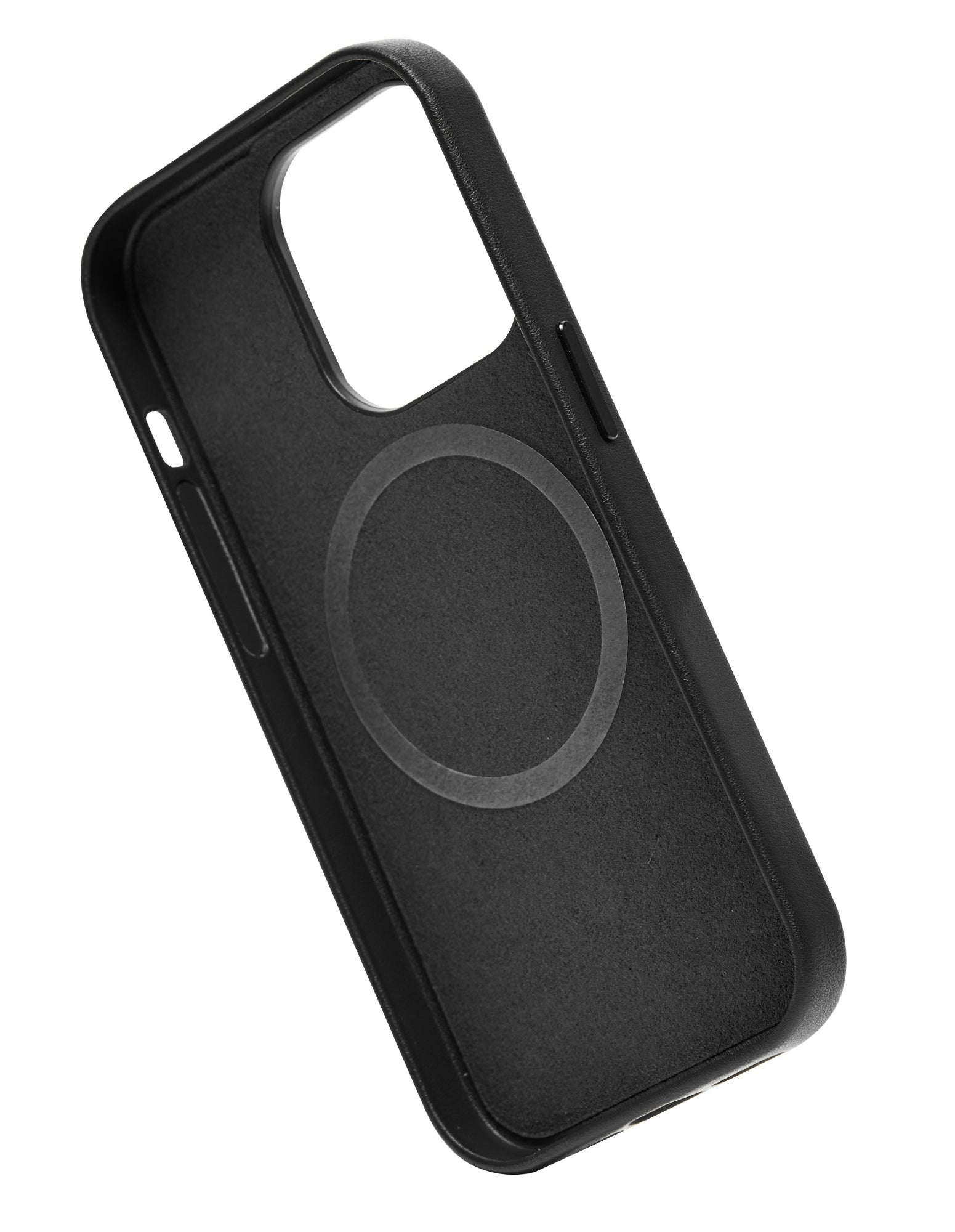 Black iPhone 14 Pro Case with MagSafe, made from premium vegan leather, showcasing its sleek design and snug fit.