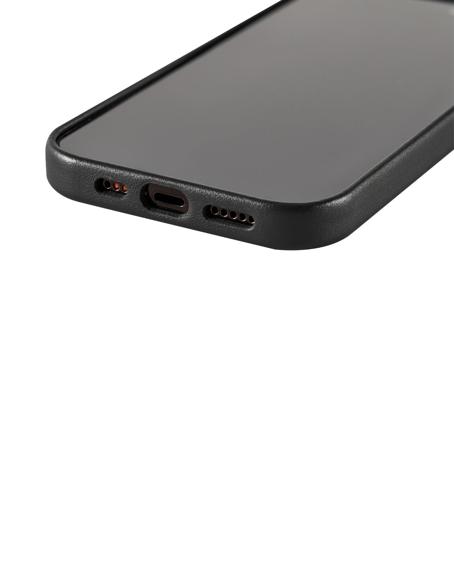 Black iPhone 14 Pro Case with MagSafe, made from premium vegan leather, showcasing its sleek design and snug fit.