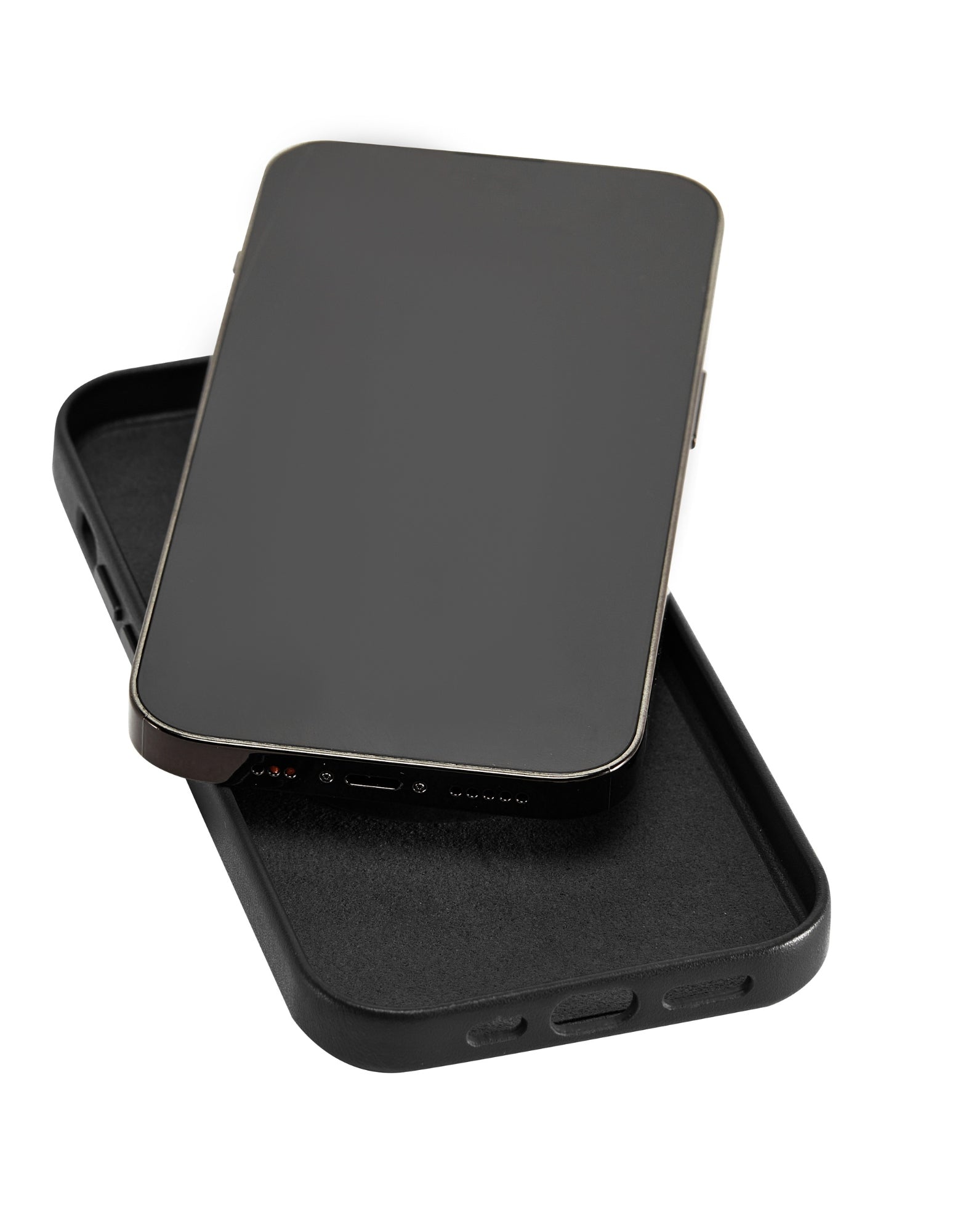 Black iPhone 14 Pro Case with MagSafe, made from premium vegan leather, showcasing its sleek design and snug fit.