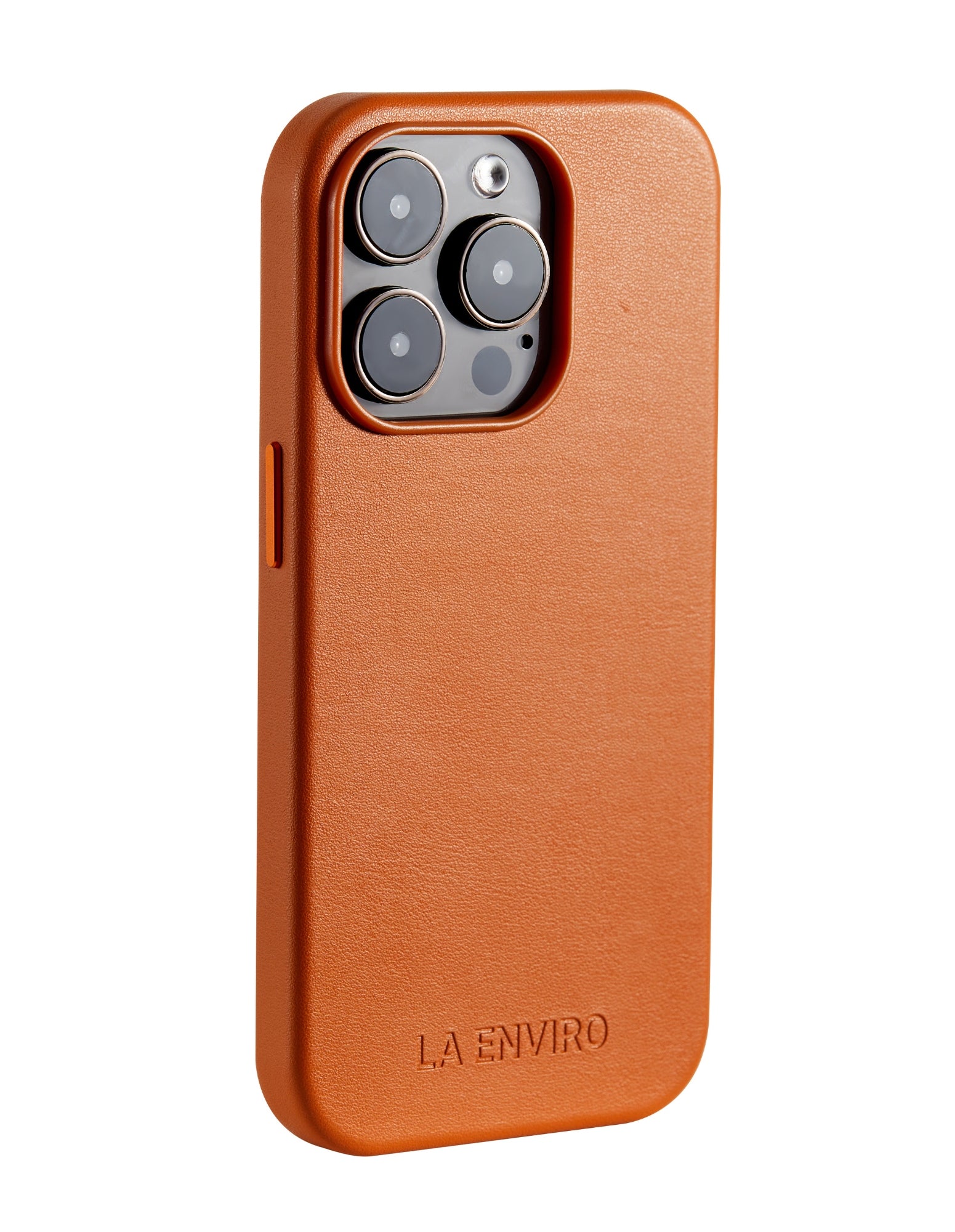 Tan iPhone 14 Pro Case with MagSafe, made from premium vegan leather, showcasing its sleek design and built-in magnets for easy wireless charging.