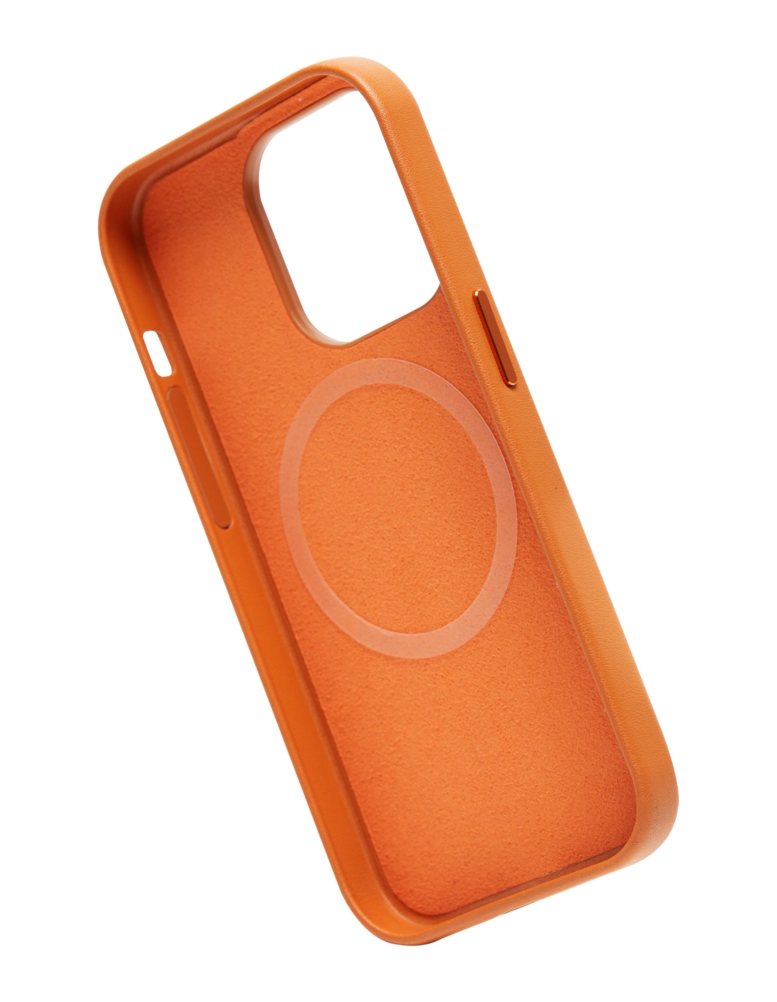 Tan iPhone 14 Pro Case with MagSafe, made from premium vegan leather, showcasing its sleek design and built-in magnets for easy wireless charging.