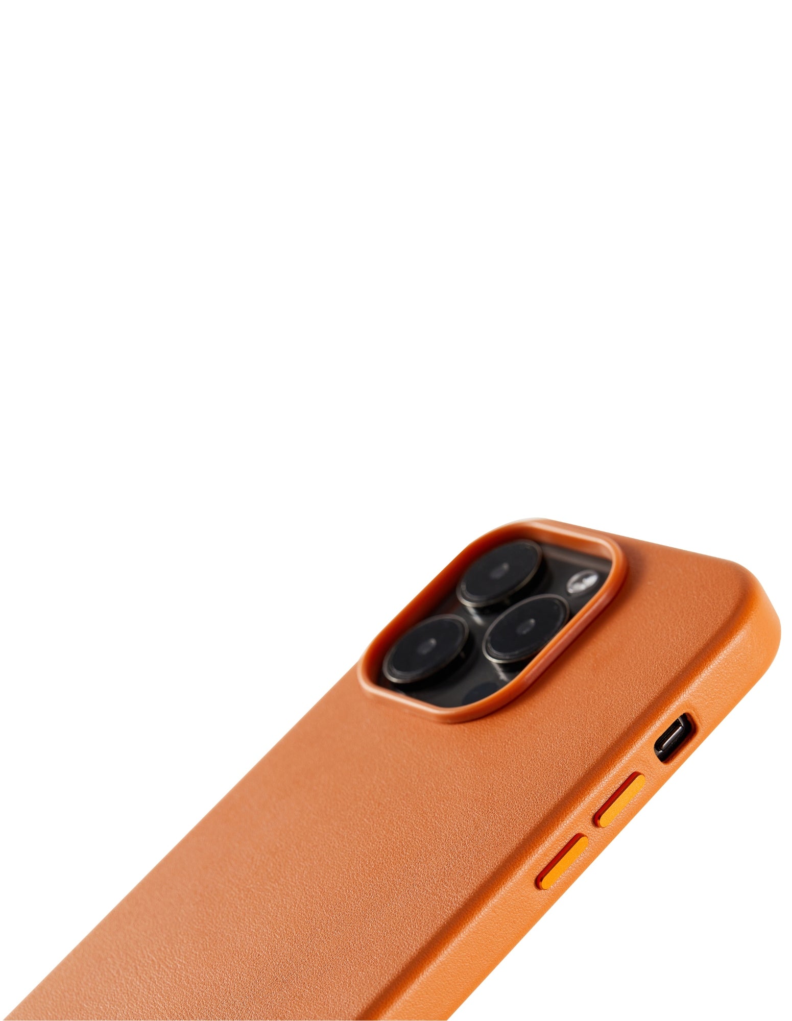 Tan iPhone 14 Pro Case with MagSafe, made from premium vegan leather, showcasing its sleek design and built-in magnets for easy wireless charging.