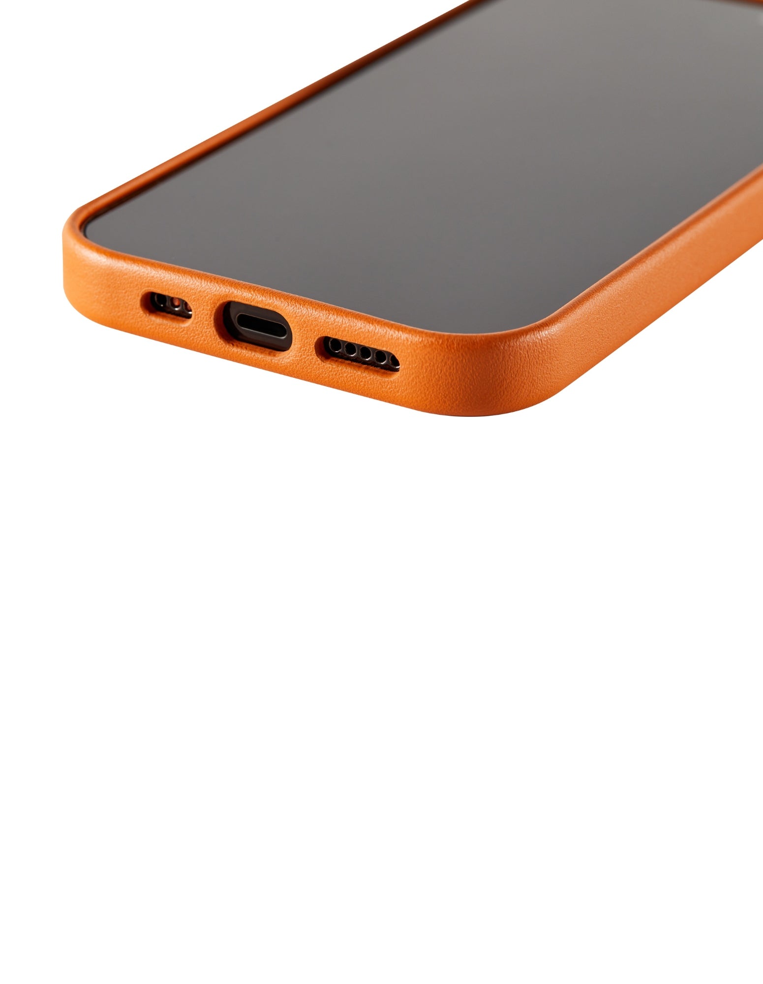 Tan iPhone 14 Pro Case with MagSafe, made from premium vegan leather, showcasing its sleek design and built-in magnets for easy wireless charging.