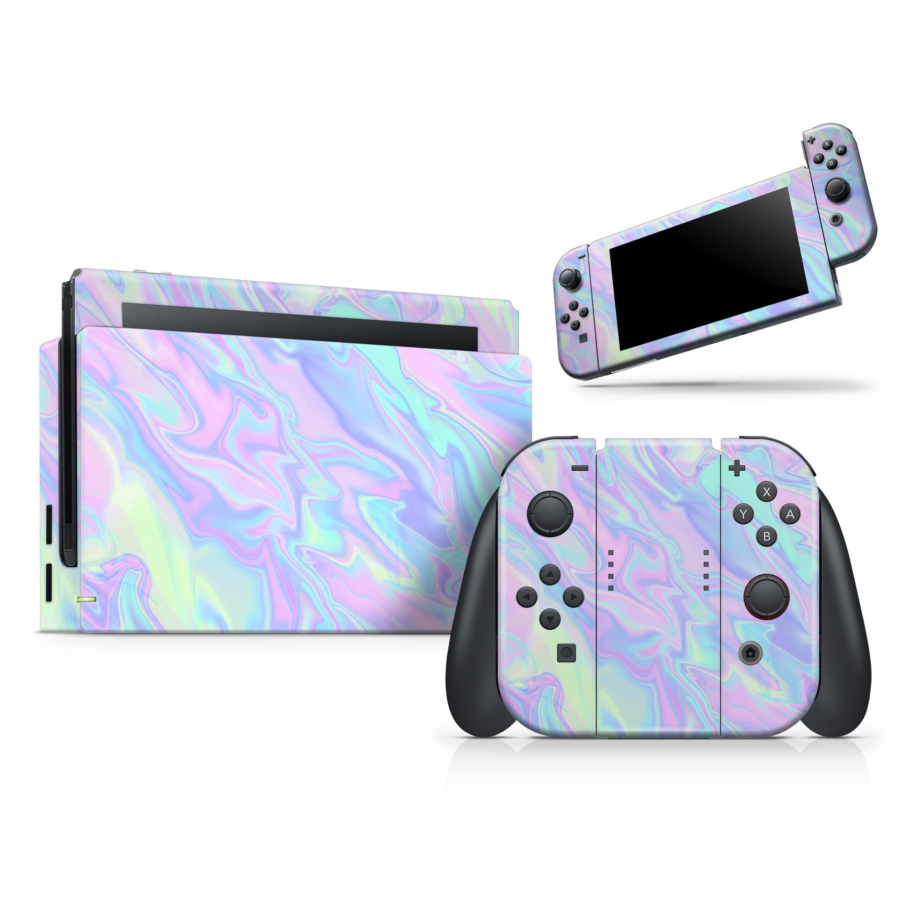 Iridescent Dahlia v1 skin decal wrap kit for Nintendo Switch, showcasing vibrant colors and a sleek design that fits snugly on the console.