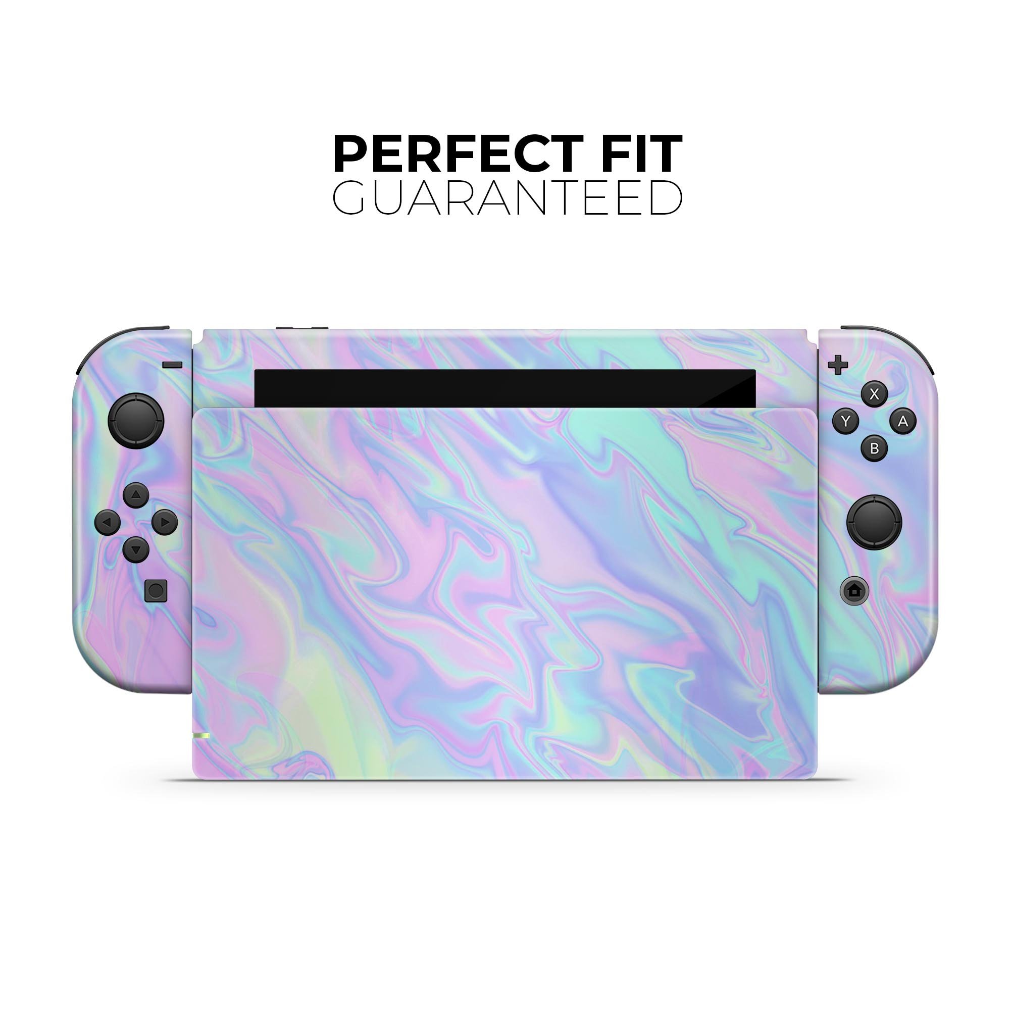 Iridescent Dahlia v1 skin decal wrap kit for Nintendo Switch, showcasing vibrant colors and a sleek design that fits snugly on the console.