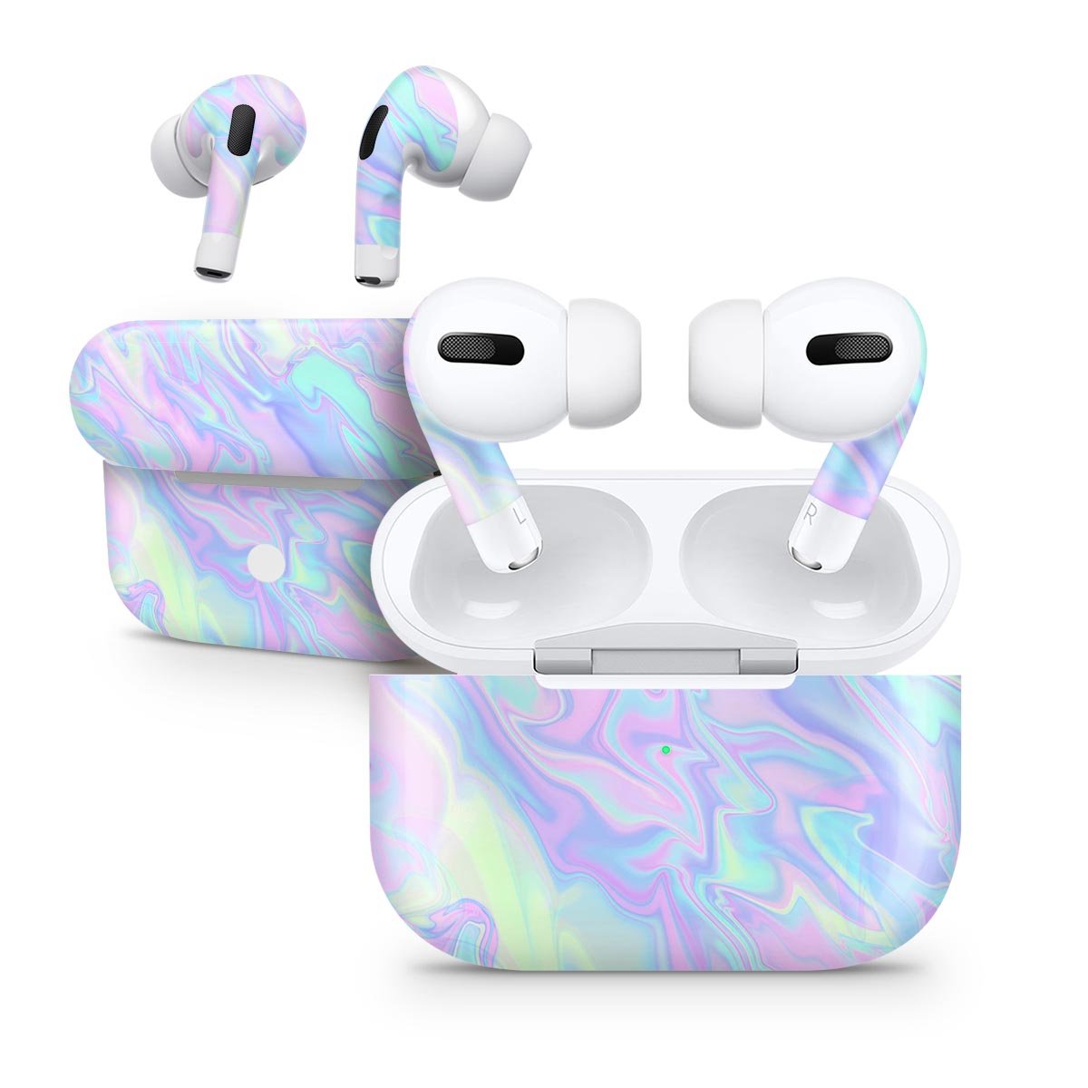 Iridescent Dahlia v1 skin decal wrap kit for Apple AirPods Pro, showcasing a vibrant and stylish design with a soft-touch matte finish.