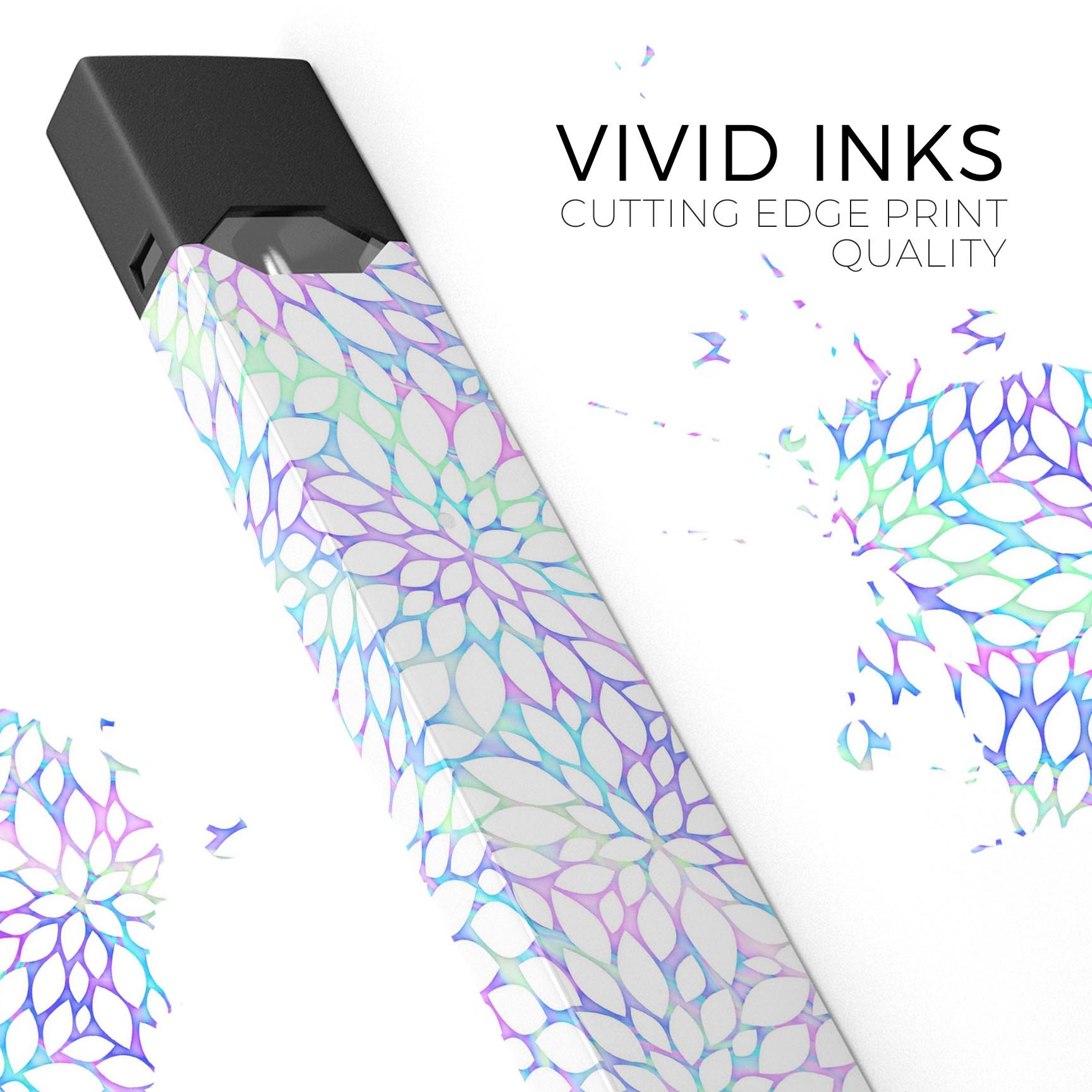 Iridescent Dahlia v2 skin-wrap sticker for JUUL device, showcasing vibrant colors and precise cut.