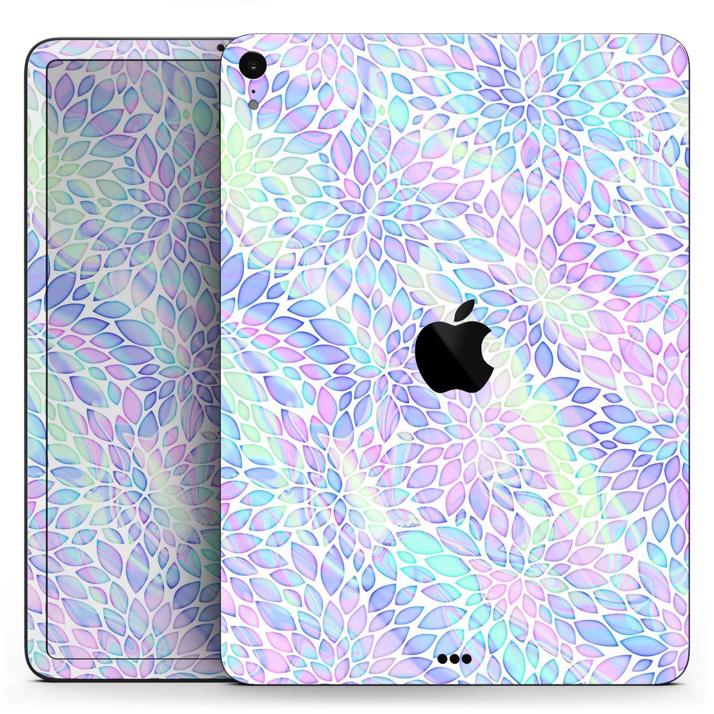 Iridescent Dahlia v3 skin decal applied on an Apple iPad Pro, showcasing vibrant colors and sleek design.