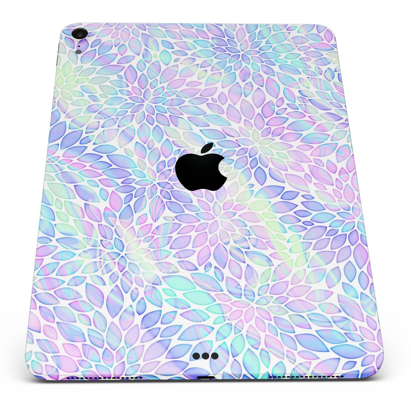 Iridescent Dahlia v3 skin decal applied on an Apple iPad Pro, showcasing vibrant colors and sleek design.