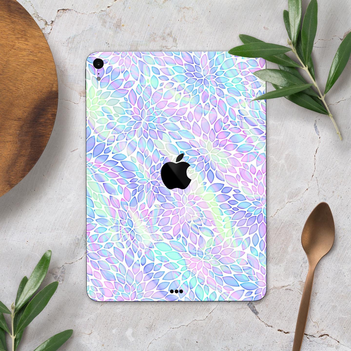 Iridescent Dahlia v3 skin decal applied on an Apple iPad Pro, showcasing vibrant colors and sleek design.