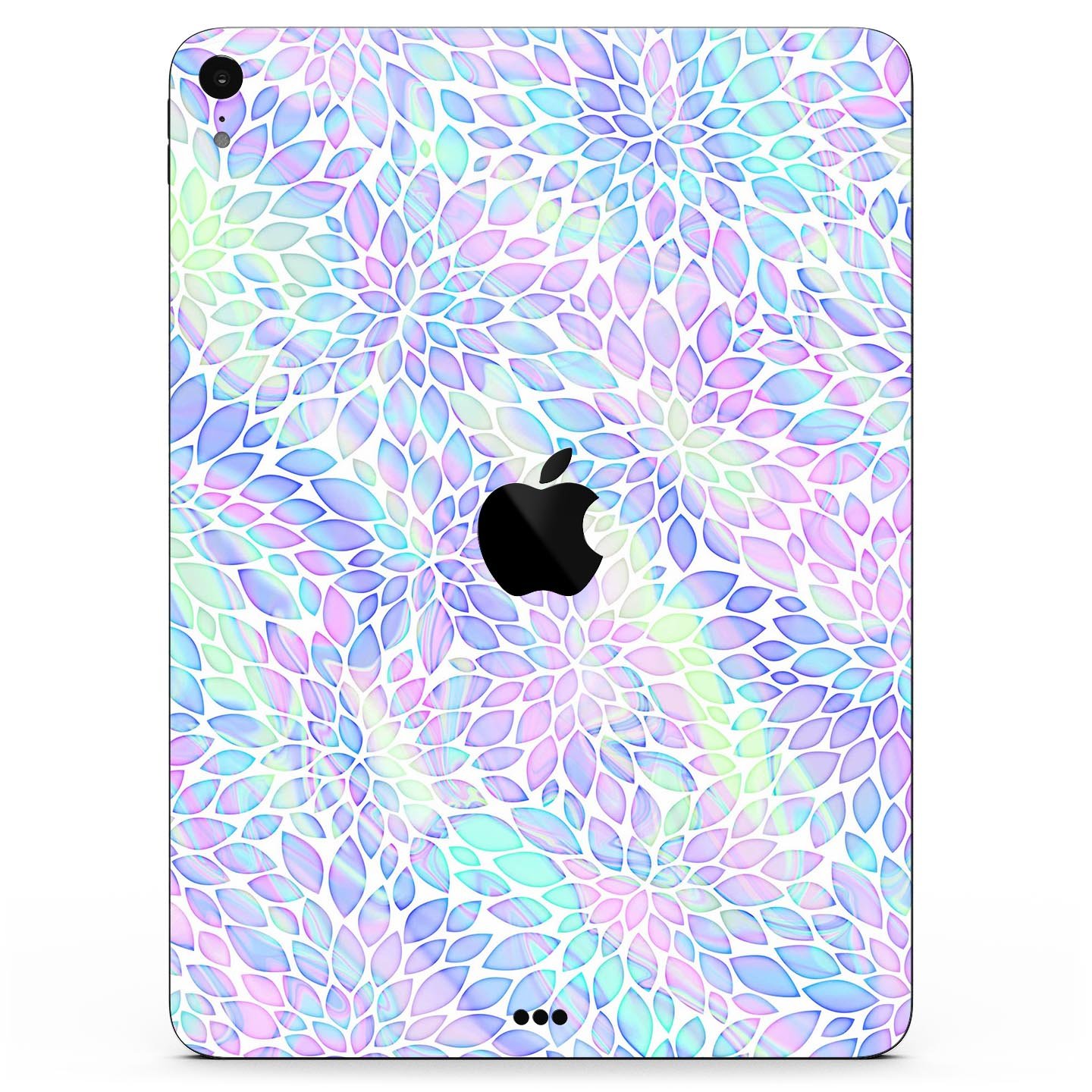 Iridescent Dahlia v3 skin decal applied on an Apple iPad Pro, showcasing vibrant colors and sleek design.