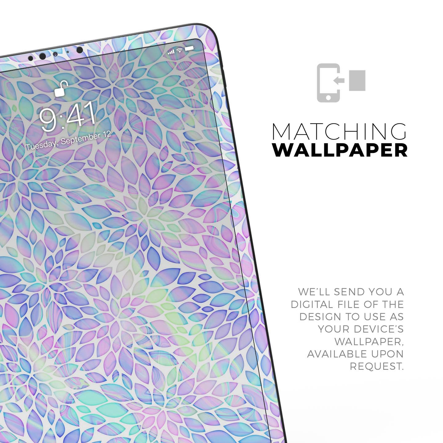 Iridescent Dahlia v3 skin decal applied on an Apple iPad Pro, showcasing vibrant colors and sleek design.