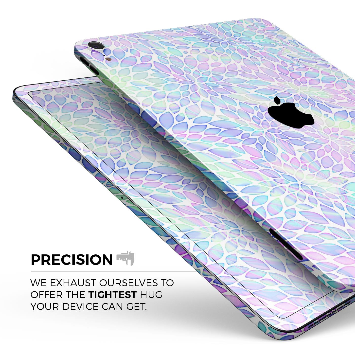 Iridescent Dahlia v3 skin decal applied on an Apple iPad Pro, showcasing vibrant colors and sleek design.