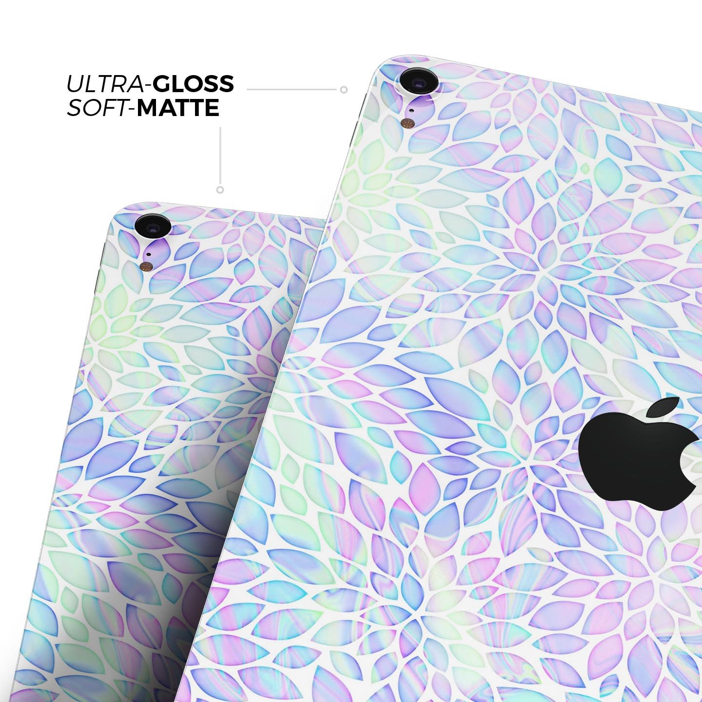 Iridescent Dahlia v3 skin decal applied on an Apple iPad Pro, showcasing vibrant colors and sleek design.