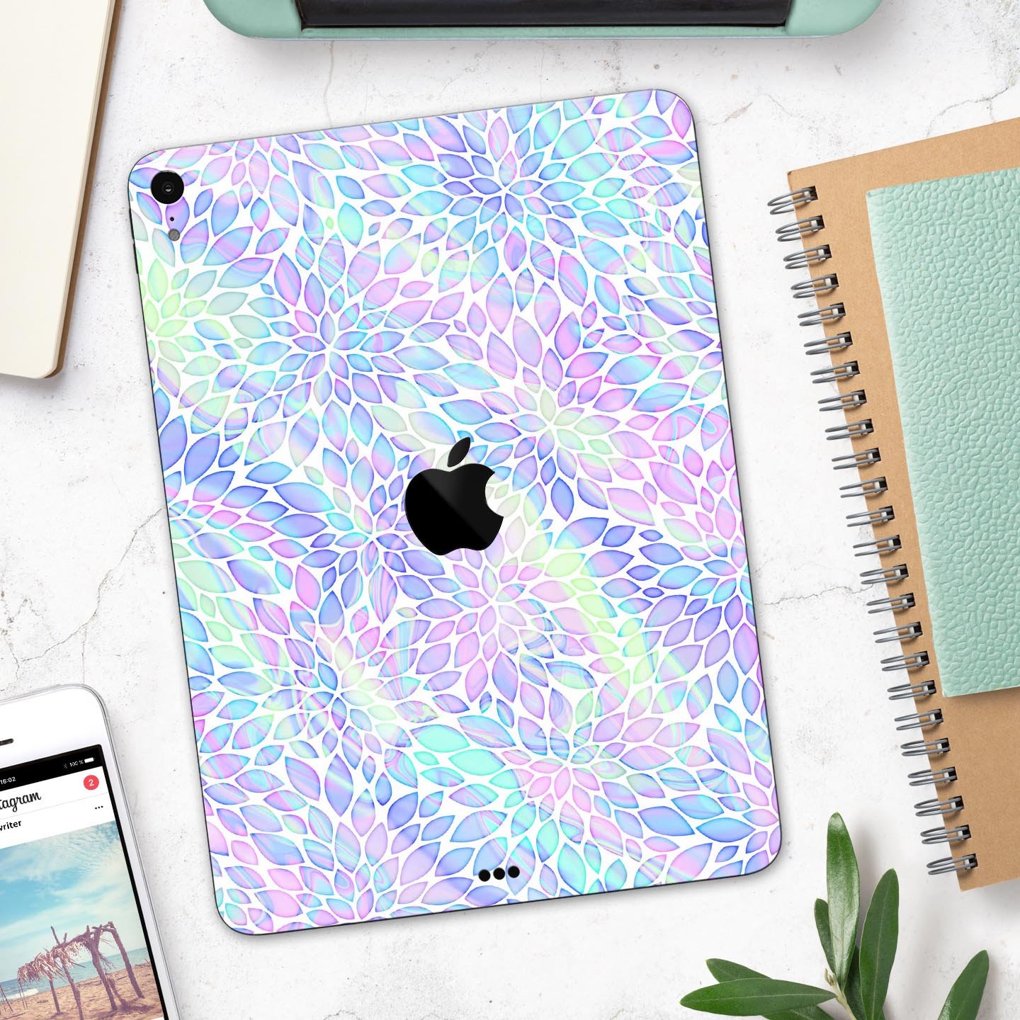 Iridescent Dahlia v3 skin decal applied on an Apple iPad Pro, showcasing vibrant colors and sleek design.