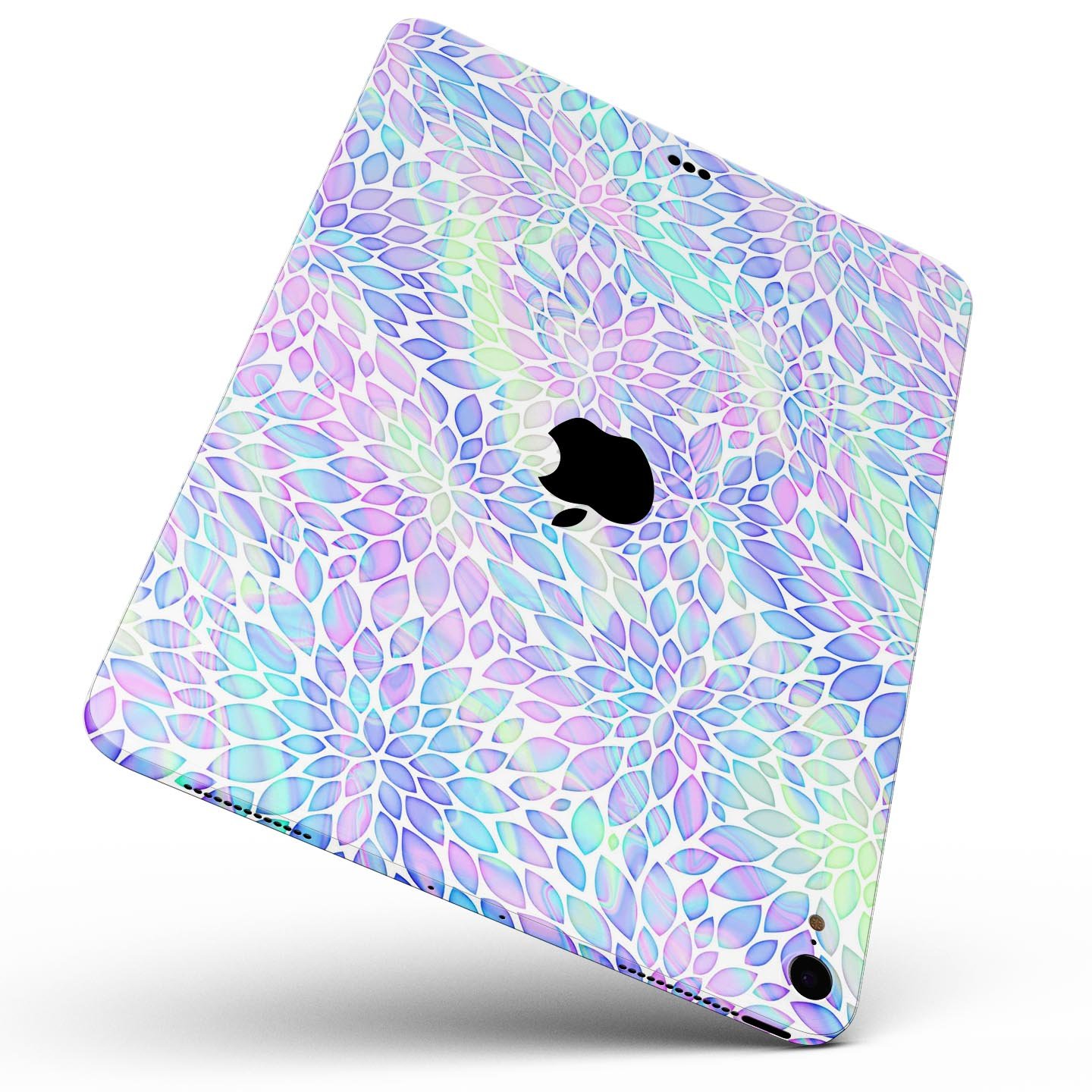 Iridescent Dahlia v3 skin decal applied on an Apple iPad Pro, showcasing vibrant colors and sleek design.