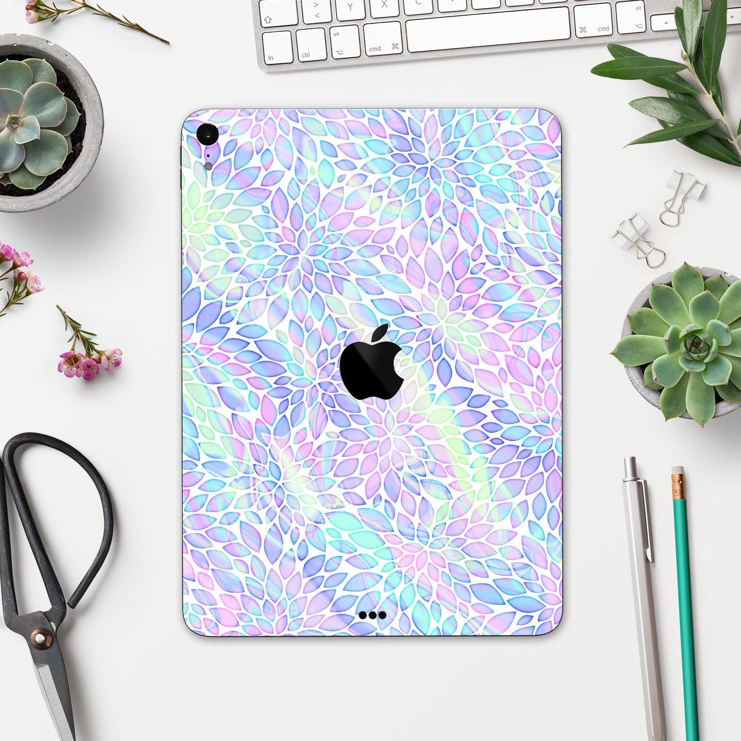 Iridescent Dahlia v3 skin decal applied on an Apple iPad Pro, showcasing vibrant colors and sleek design.