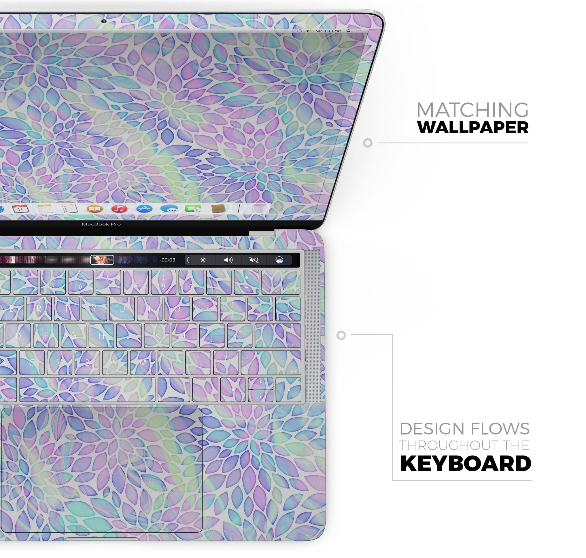 Iridescent Dahlia v3 skin decal wrap kit for Apple MacBook, showcasing vibrant colors and a sleek design.