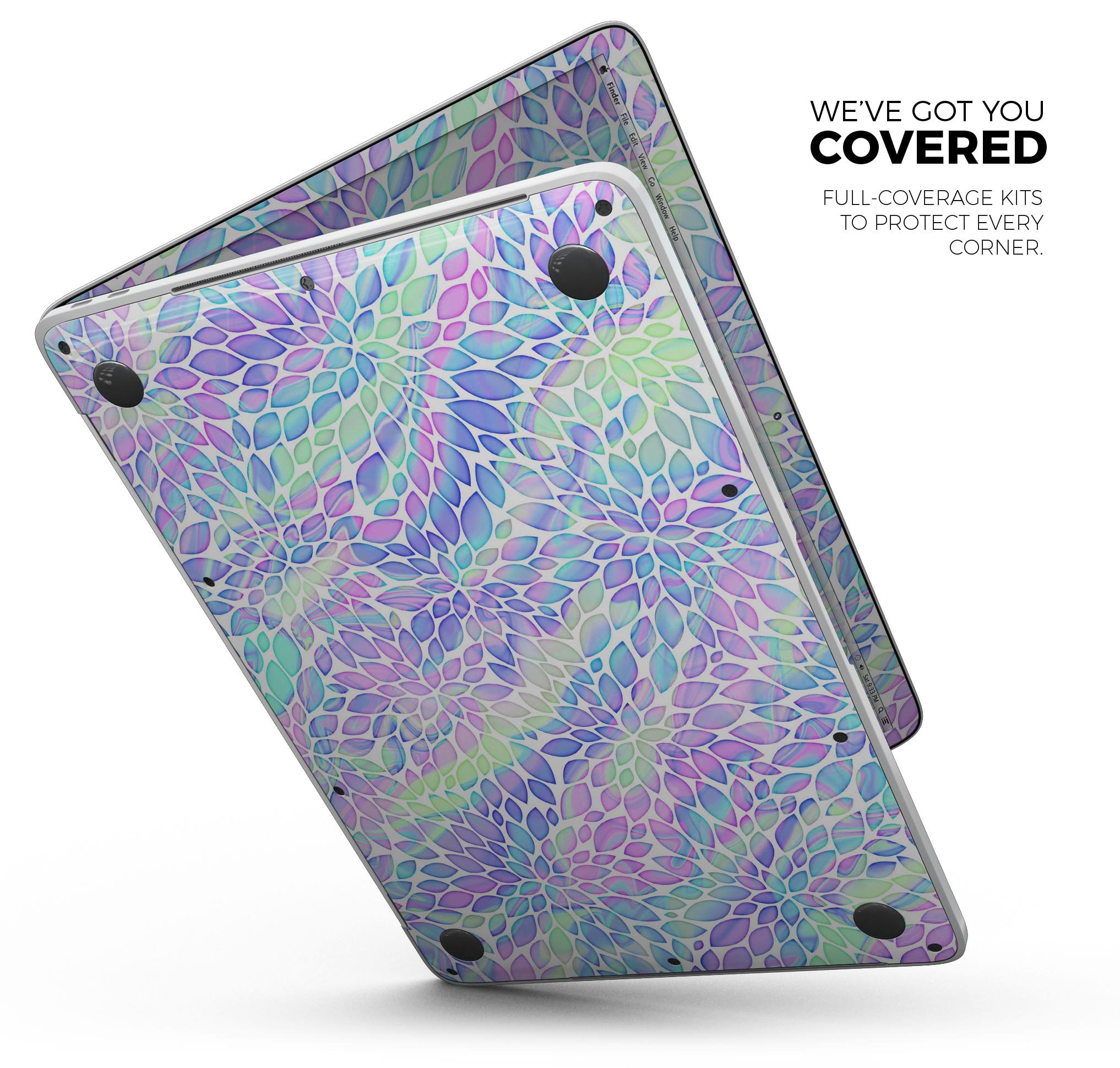 Iridescent Dahlia v3 skin decal wrap kit for Apple MacBook, showcasing vibrant colors and a sleek design.