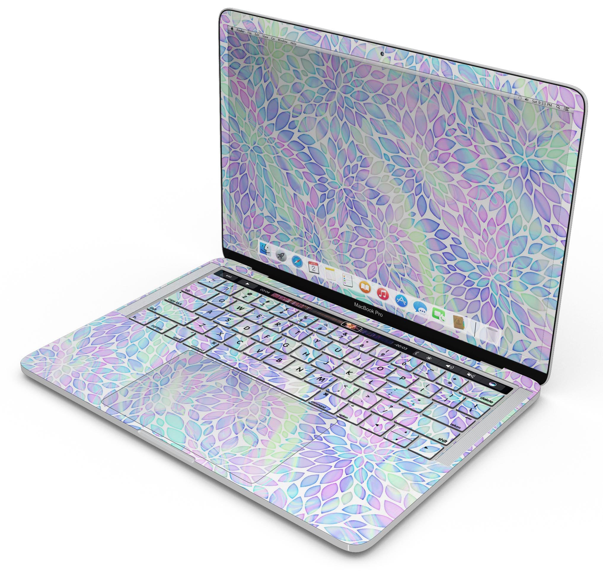 Iridescent Dahlia v3 skin decal wrap kit for Apple MacBook, showcasing vibrant colors and a sleek design.