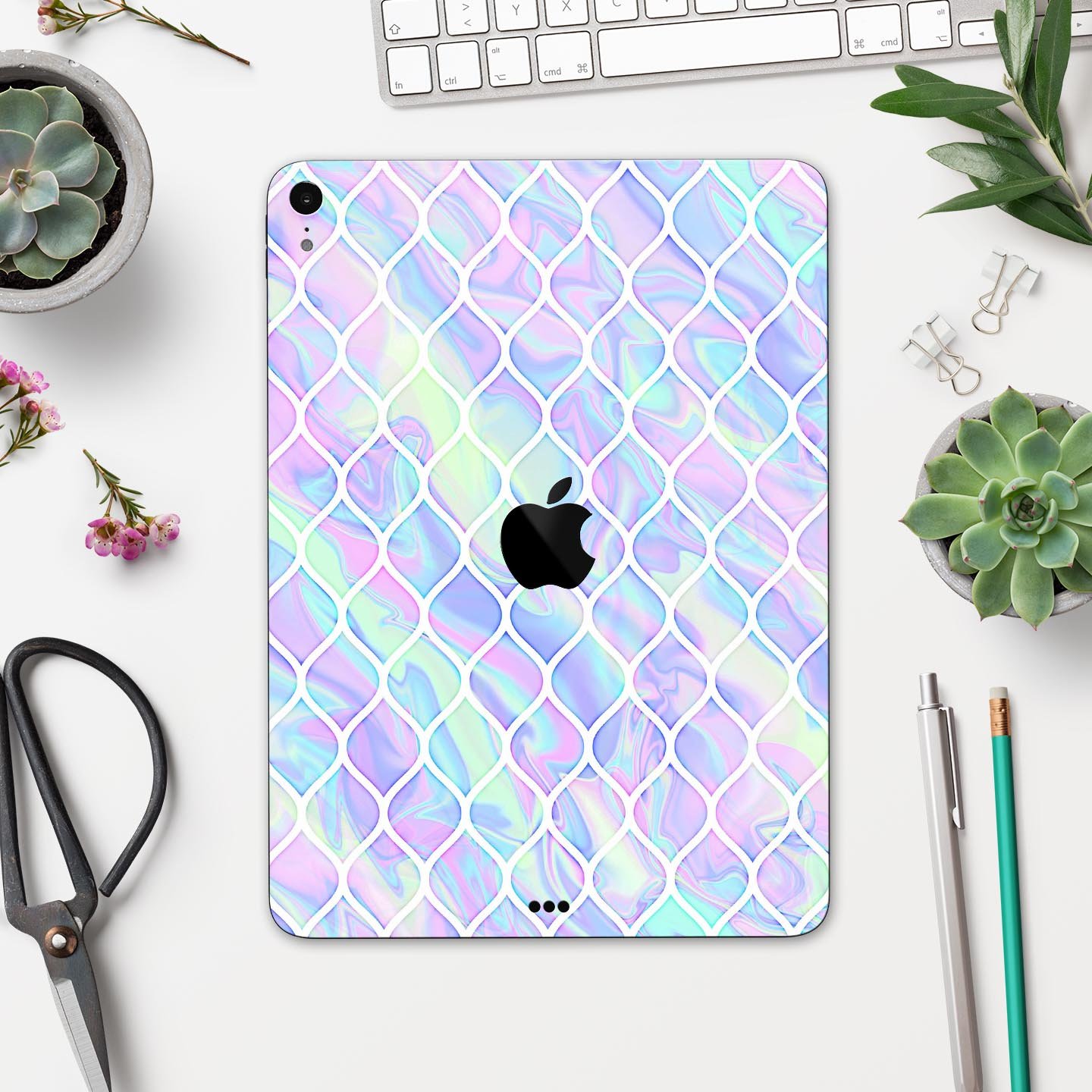 Iridescent Dahlia v4 skin decal for Apple iPad Pro, showcasing vibrant colors and a sleek design.