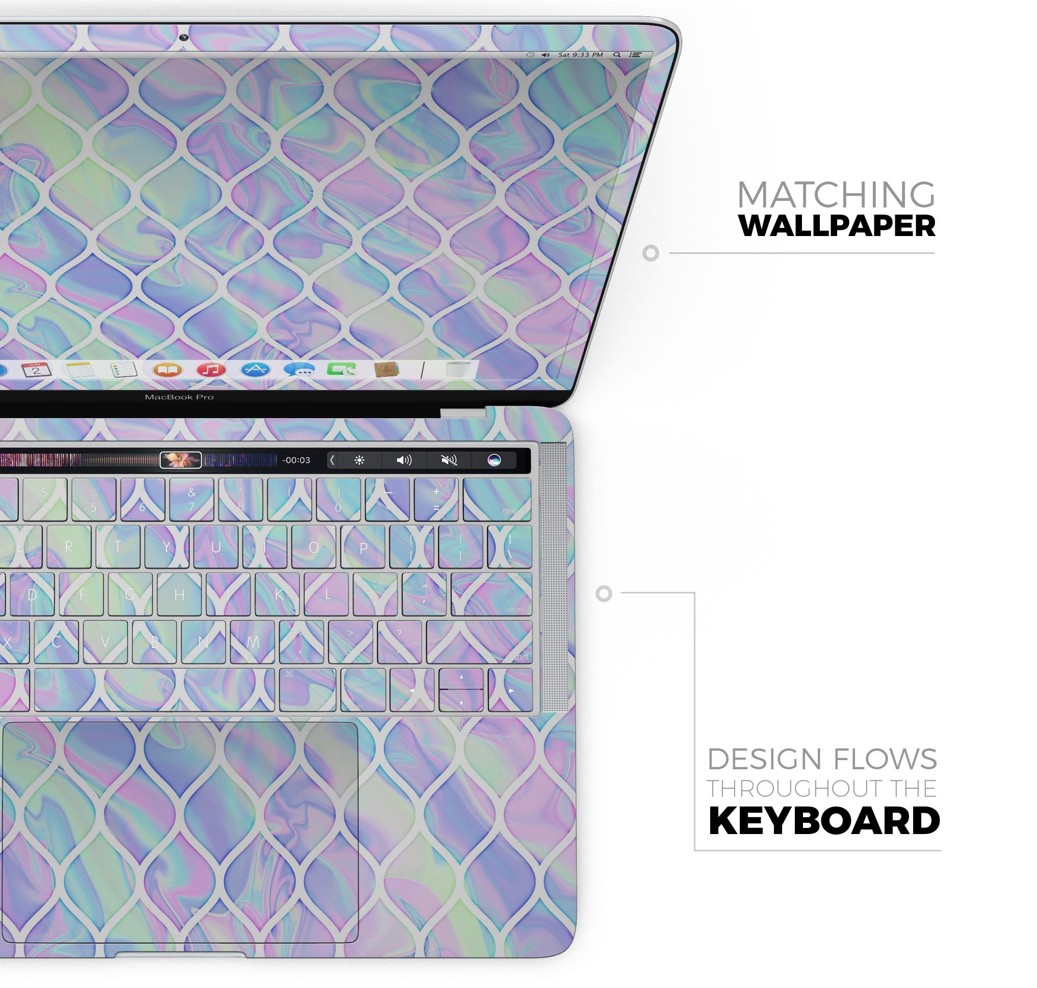 Iridescent Dahlia v4 skin decal wrap kit for Apple MacBook, showcasing vibrant colors and a sleek design.