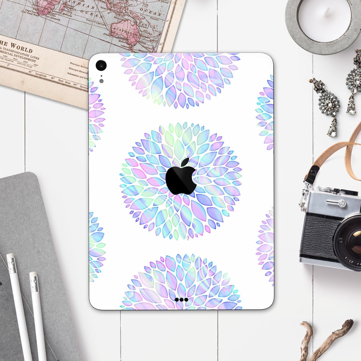 Iridescent Dahlia v5 skin decal for Apple iPad Pro, showcasing vibrant colors and a sleek design.