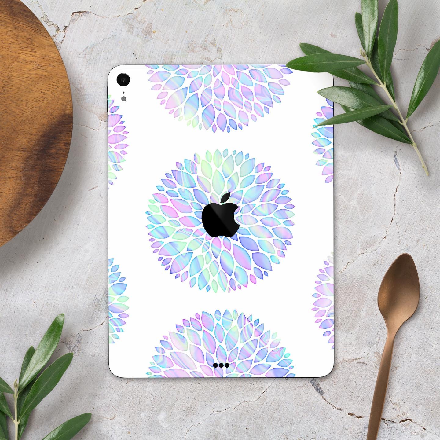 Iridescent Dahlia v5 skin decal for Apple iPad Pro, showcasing vibrant colors and a sleek design.