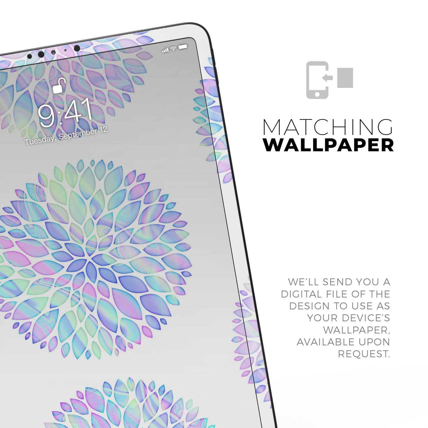 Iridescent Dahlia v5 skin decal for Apple iPad Pro, showcasing vibrant colors and a sleek design.