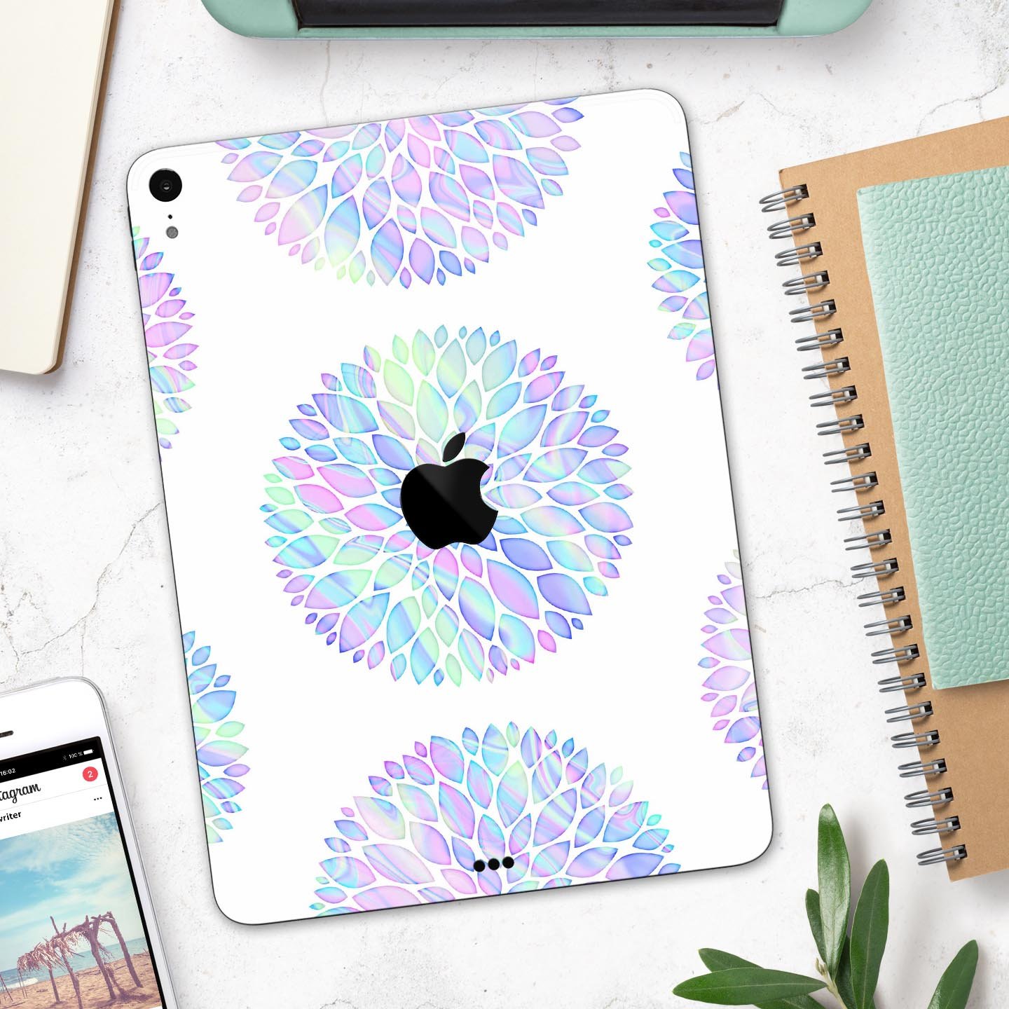 Iridescent Dahlia v5 skin decal for Apple iPad Pro, showcasing vibrant colors and a sleek design.