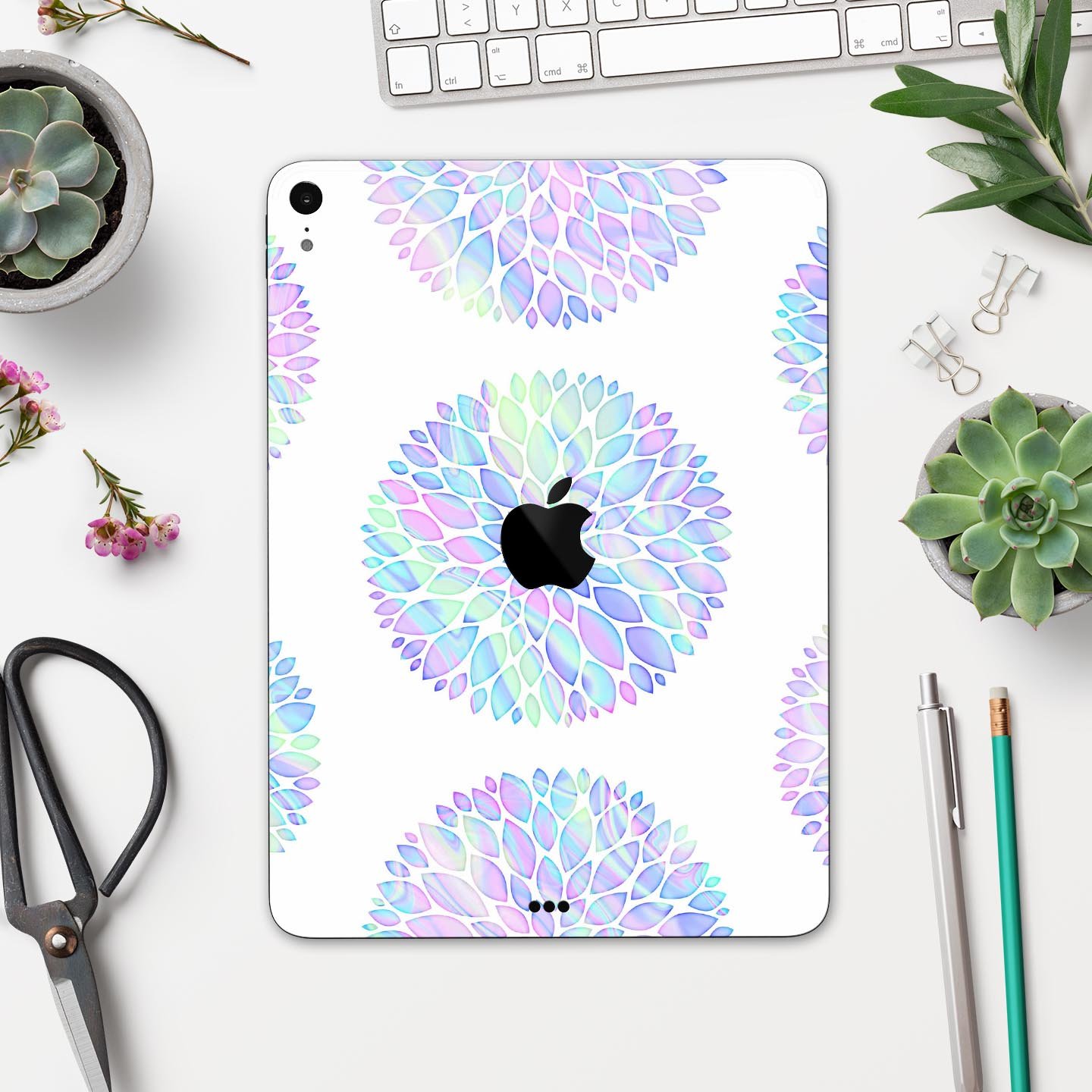 Iridescent Dahlia v5 skin decal for Apple iPad Pro, showcasing vibrant colors and a sleek design.