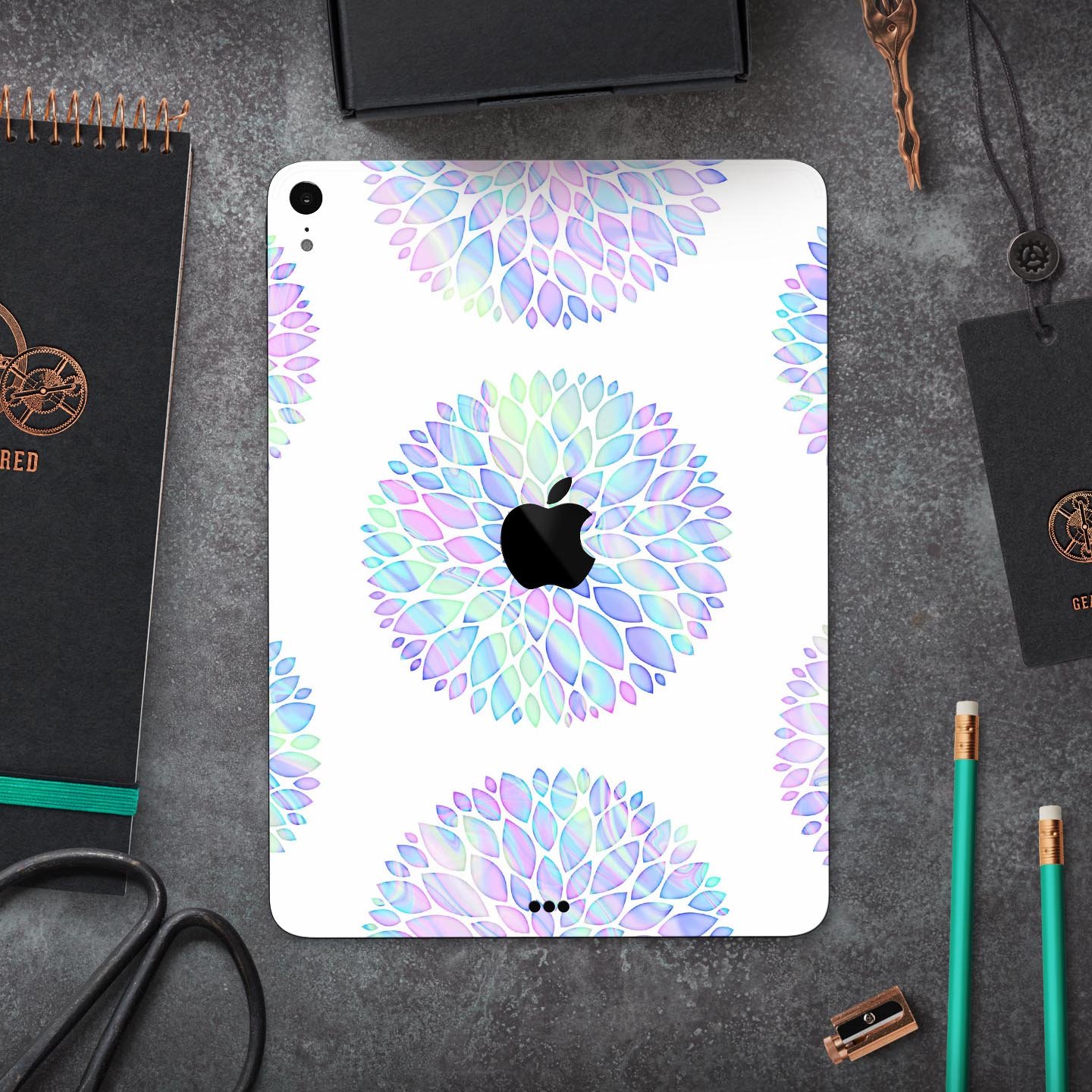 Iridescent Dahlia v5 skin decal for Apple iPad Pro, showcasing vibrant colors and a sleek design.