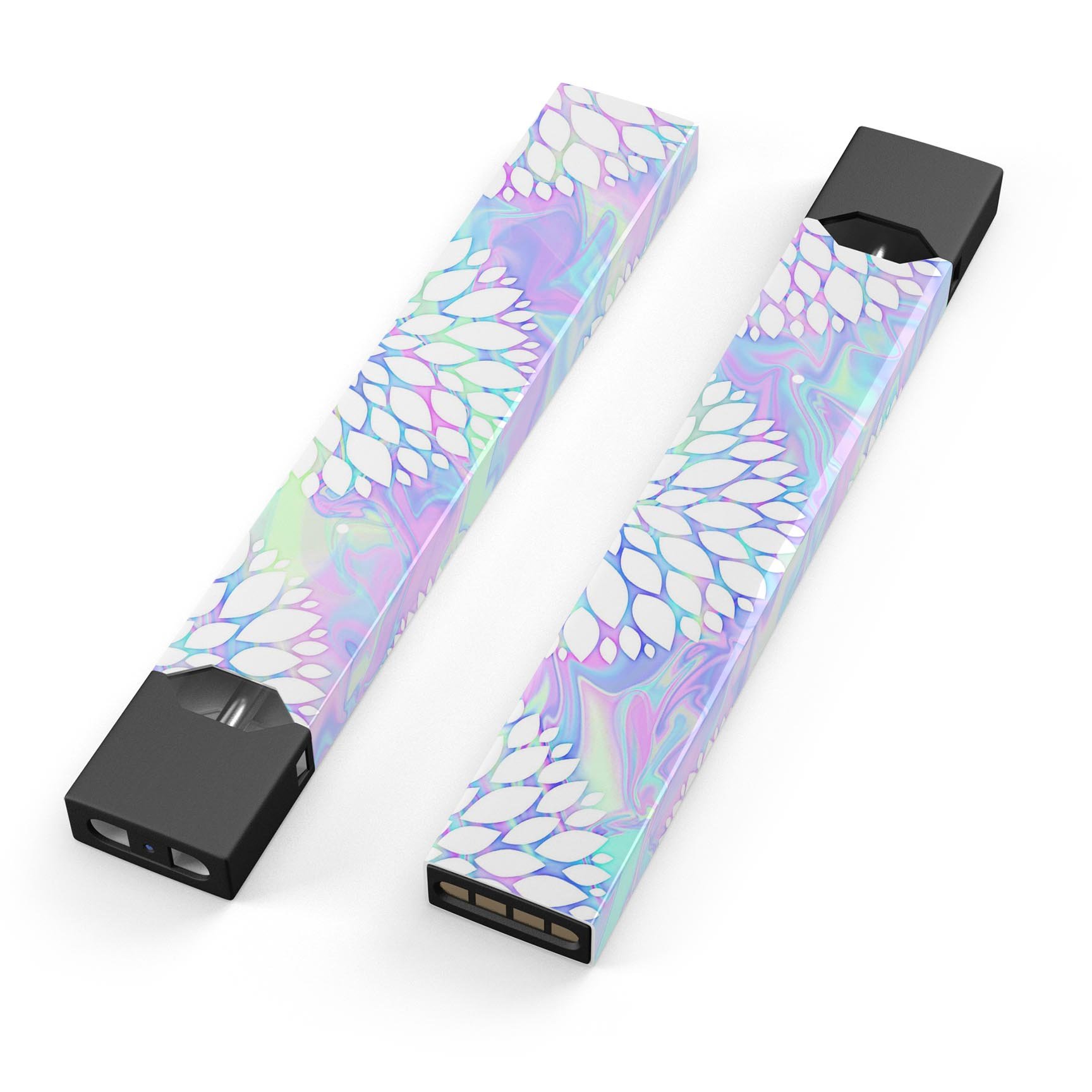 Iridescent Dahlia v6 skin-wrap sticker designed for JUUL vaping device, showcasing vibrant colors and a sleek finish.