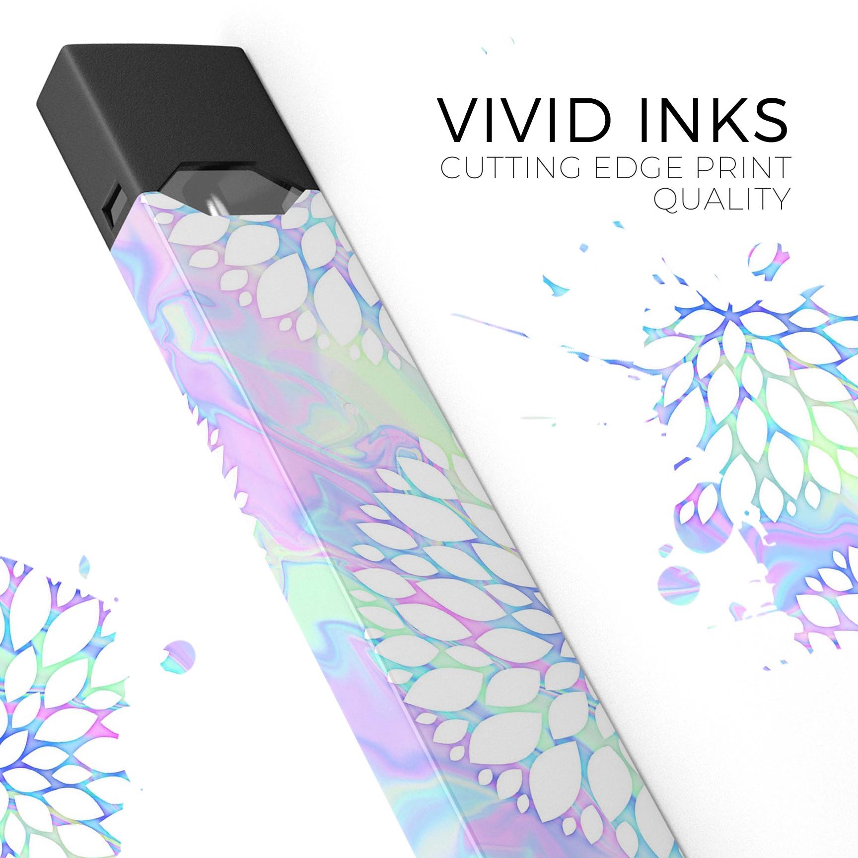 Iridescent Dahlia v6 skin-wrap sticker designed for JUUL vaping device, showcasing vibrant colors and a sleek finish.