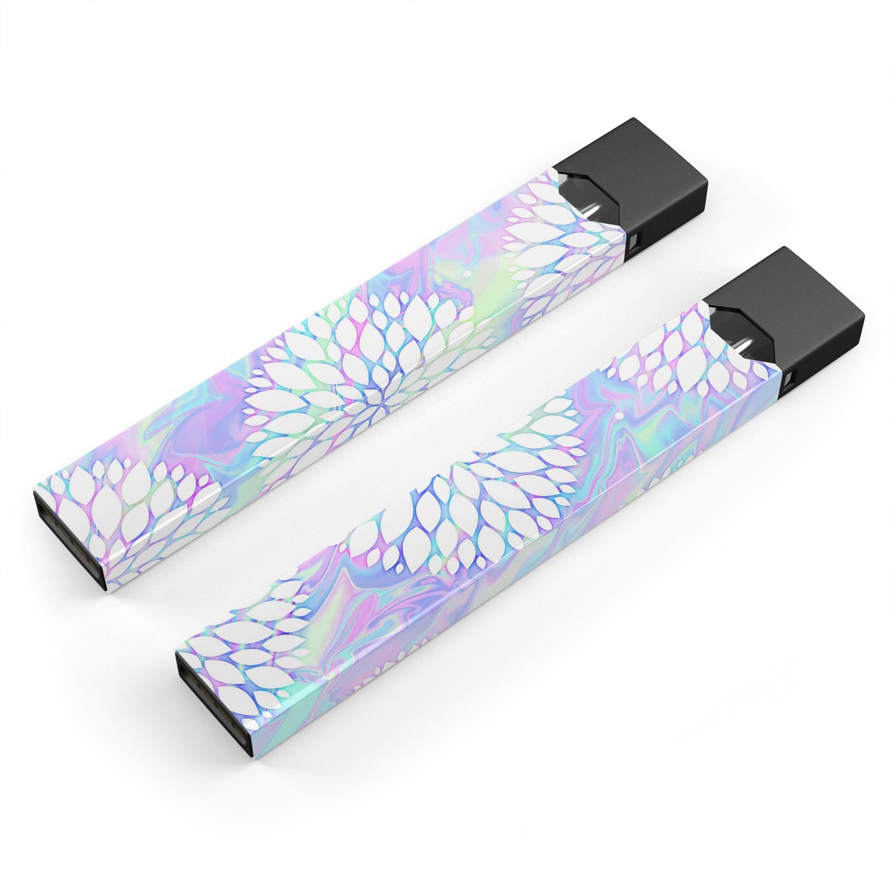 Iridescent Dahlia v6 skin-wrap sticker designed for JUUL vaping device, showcasing vibrant colors and a sleek finish.